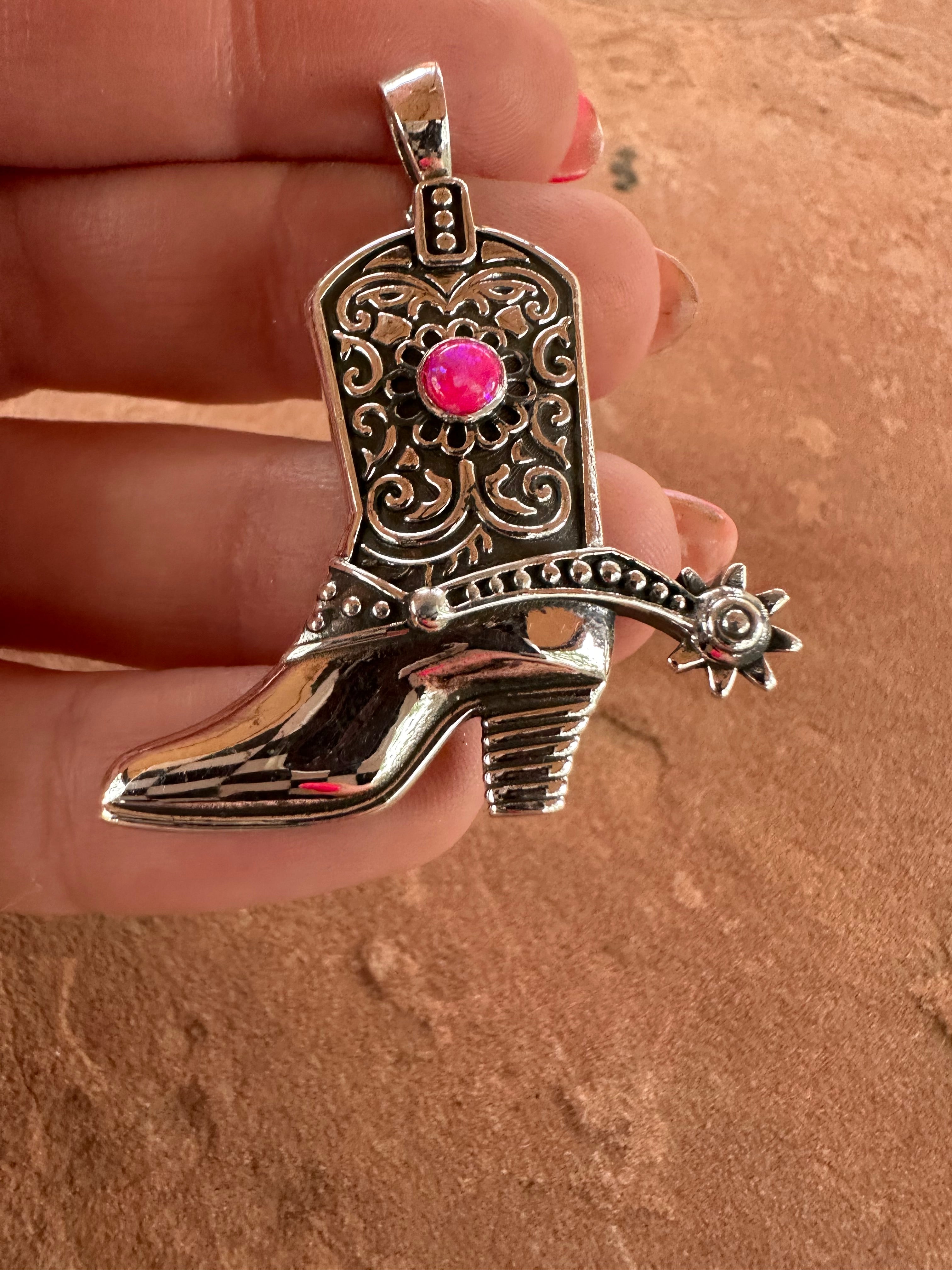 Beautiful Handmade Sterling Silver & Hot Pink Fire Opal Boot pendant