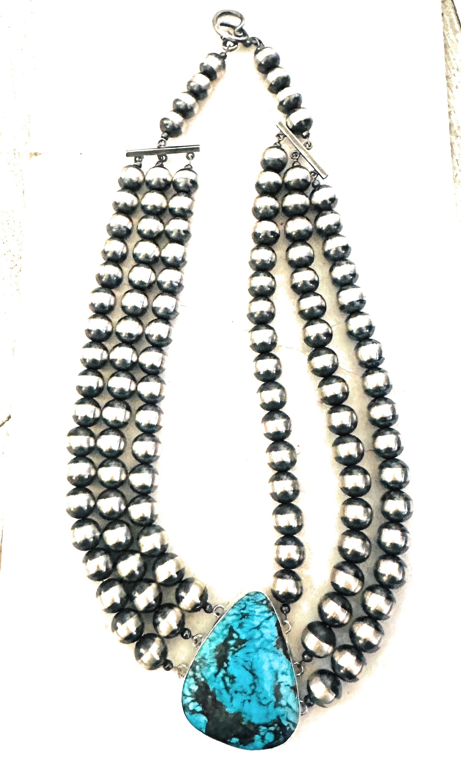 Navajo Sterling Silver & Turquoise Beaded Triple-Strand Necklace