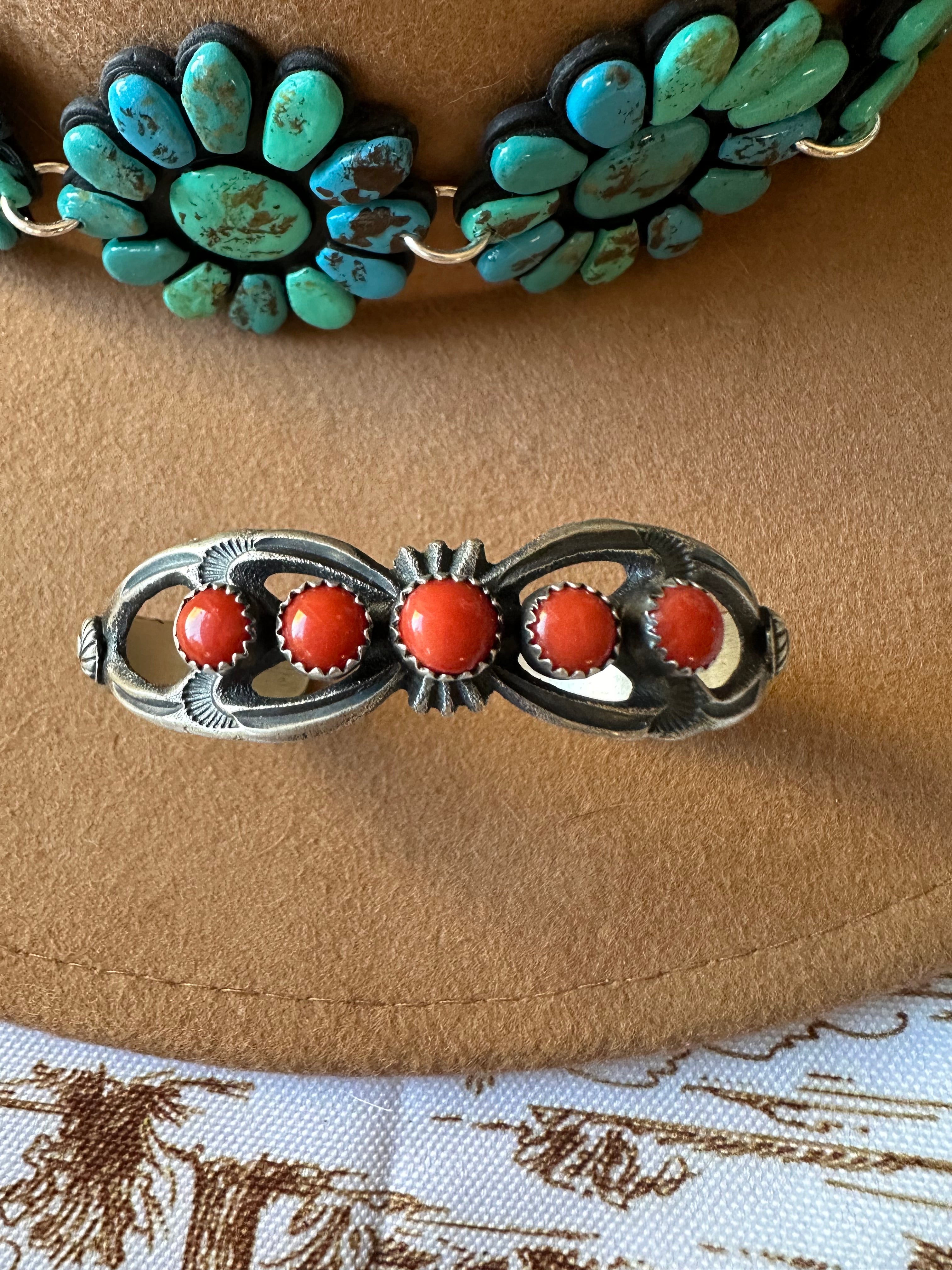 Navajo Coral & Sterling Silver Cuff Bracelet Signed Kevin Billah