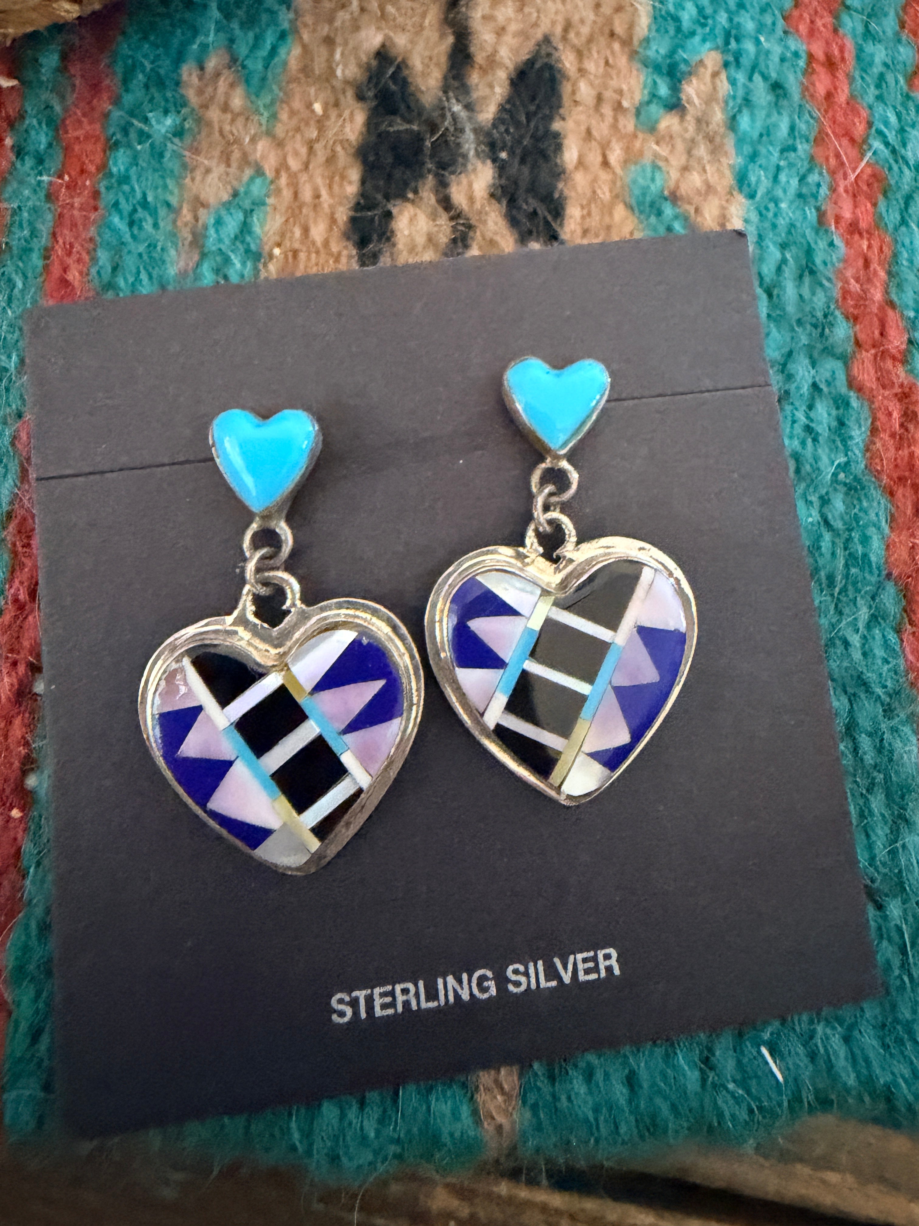 Old Pawn Handcrafted Sterling Silver & Multi Stone Inlay Heart Dangle Earrings