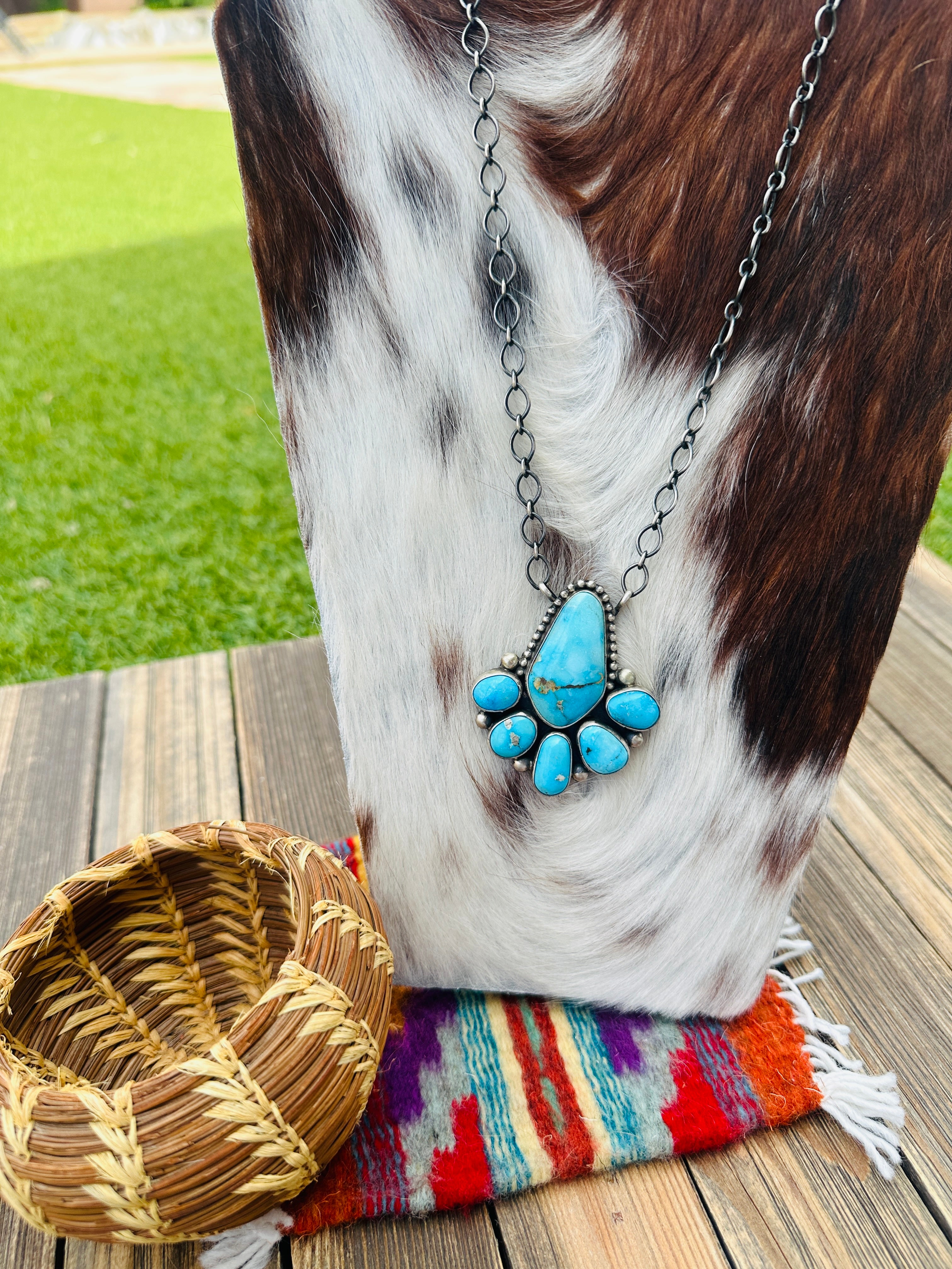 Handcrafted Turquoise & Sterling Silver Cluster Necklace by Kathleen Chavez