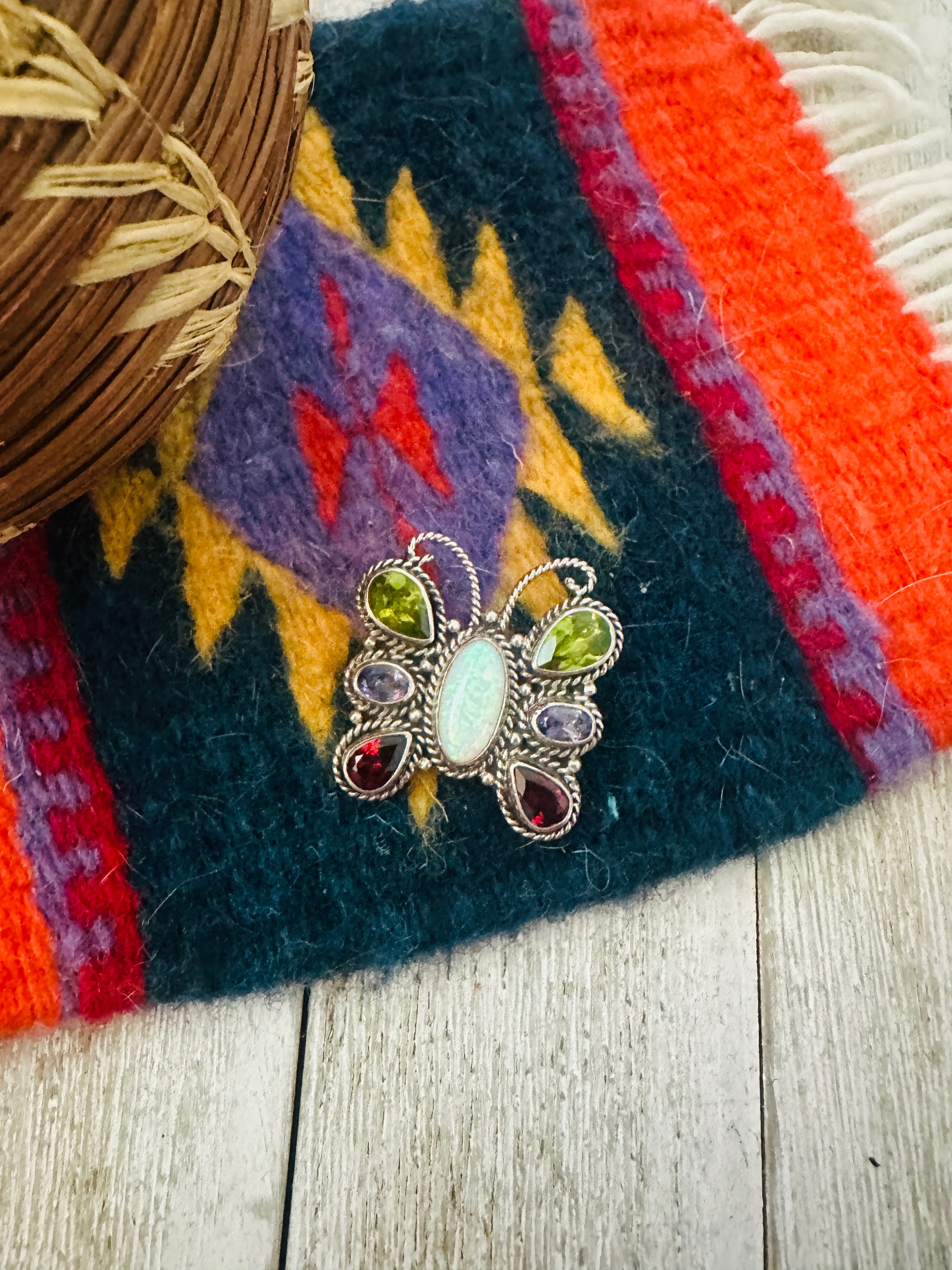 Handcrafted Multi Stone & Sterling Silver Butterfly Brooch