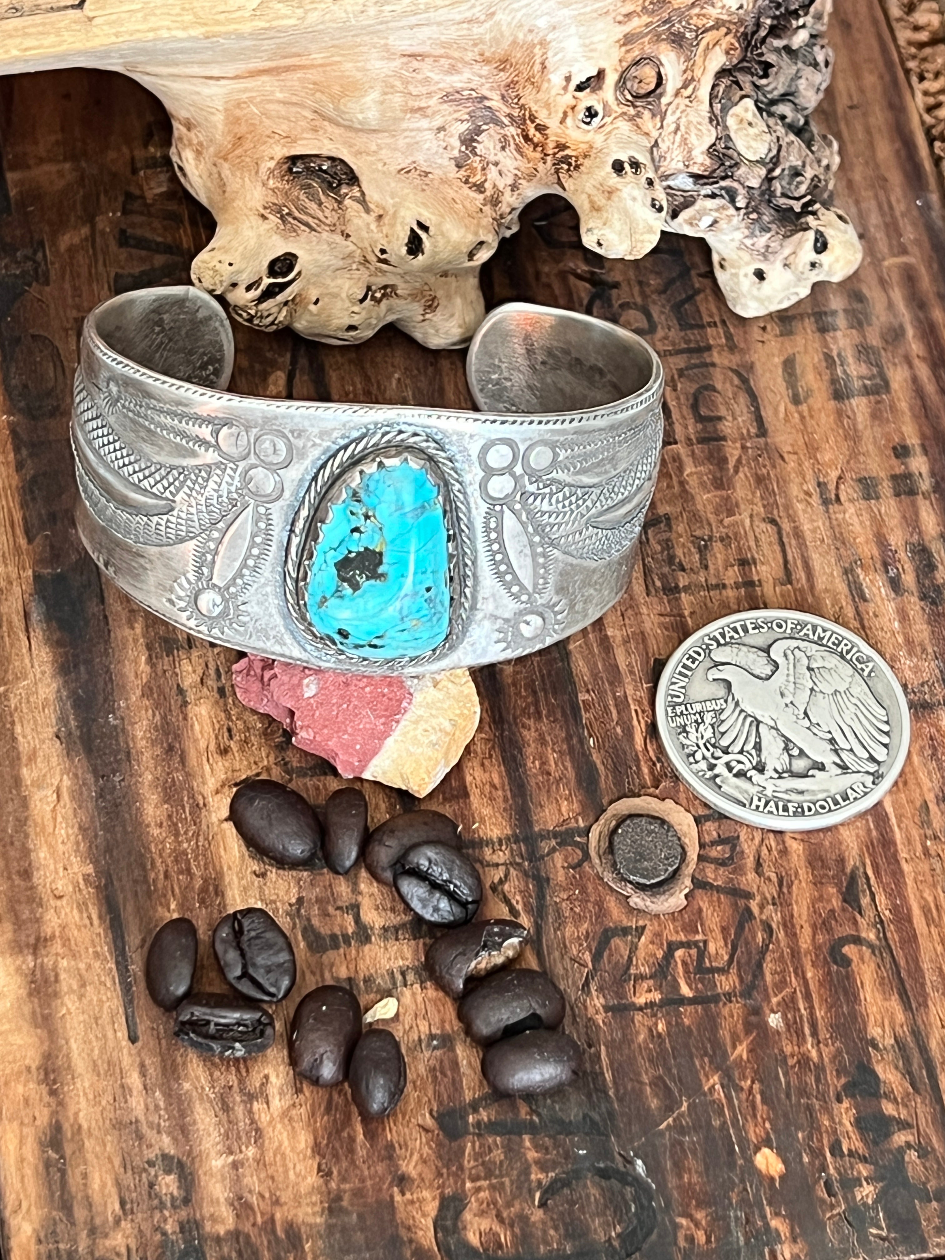 Hand Forged Old Pawn Sterling Silver Ingot Cuff Bracelet w/ Turquoise by Santa Fe Artist, Buffalo: The Spurs