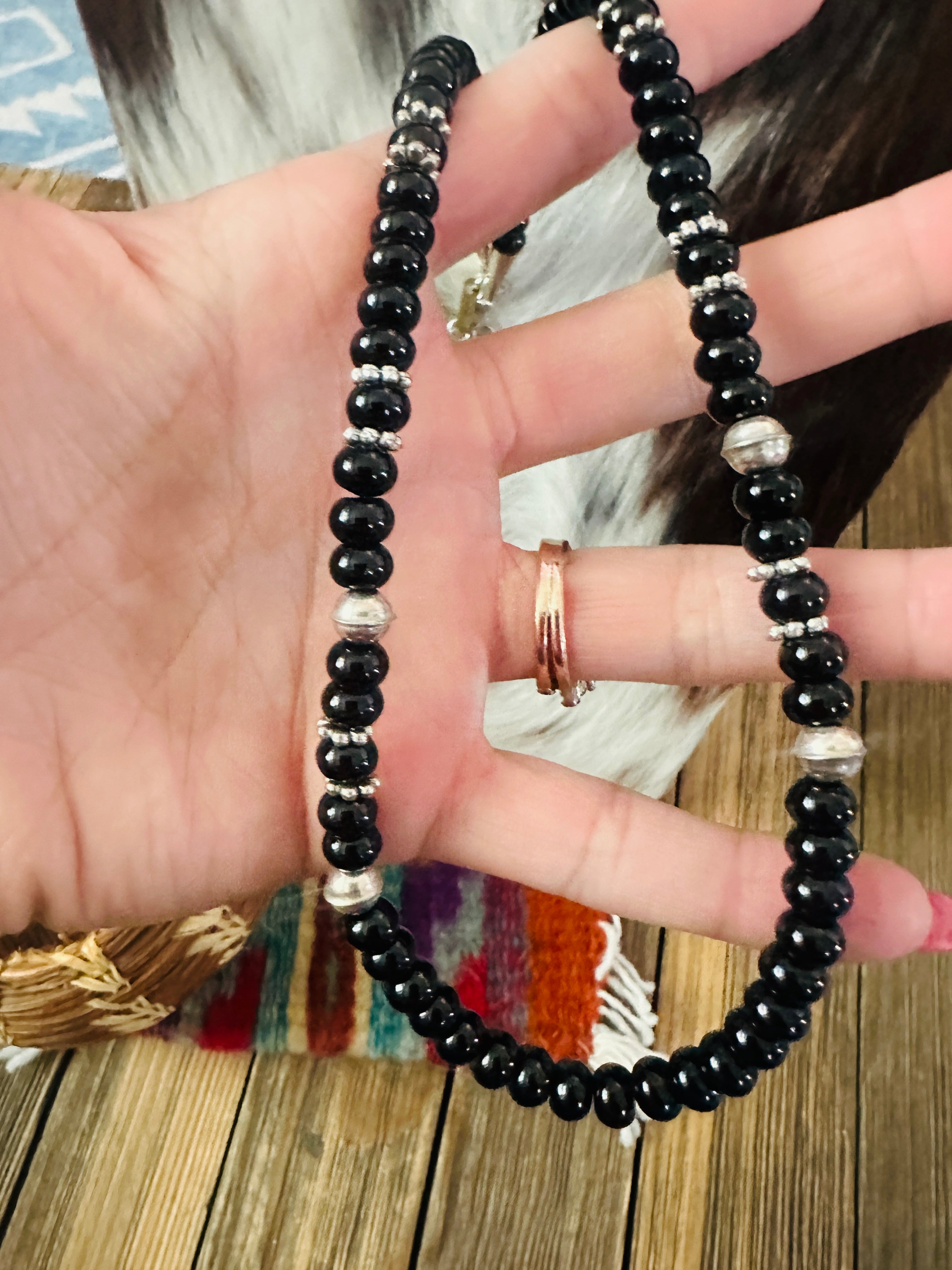 Handcrafted Black Onyx & Sterling Silver Beaded 18” Necklace by T & R Singer