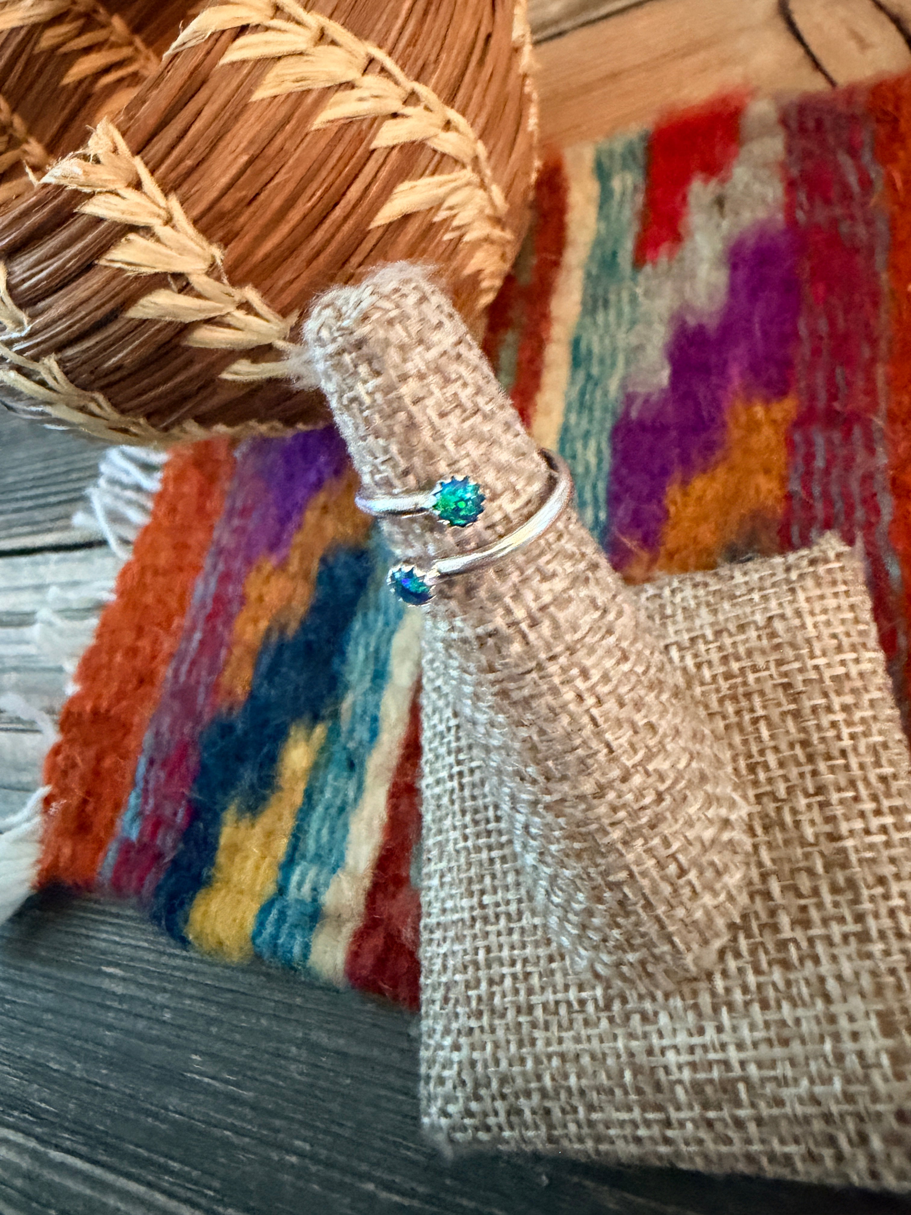 Handcrafted Blue Green Opal & Sterling Silver Adjustable Ring