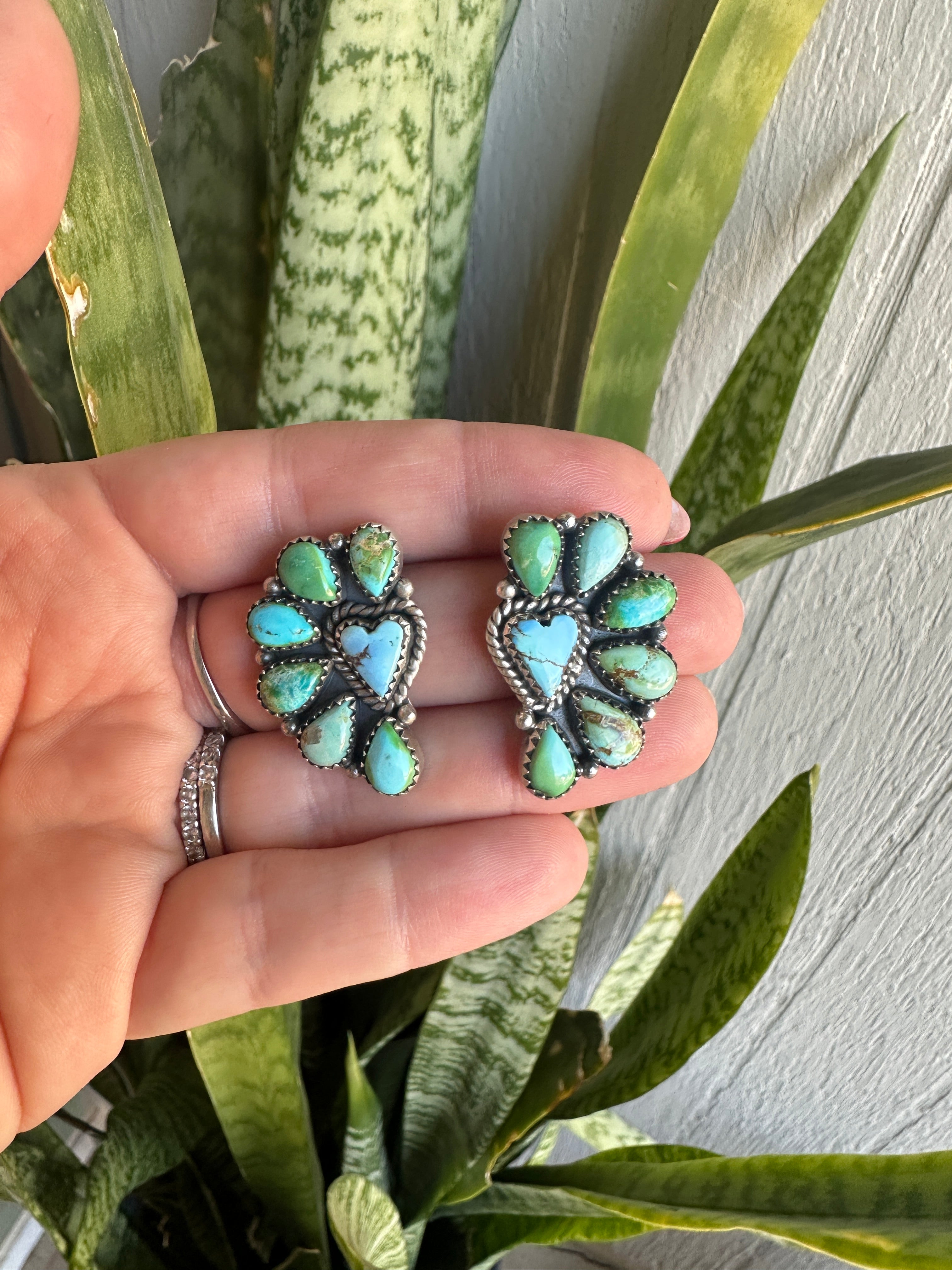 Sonoran Mountain Turquoise, Golden Hills Turquoise & Sterling Silver Crescent Heart Earrings Handmade