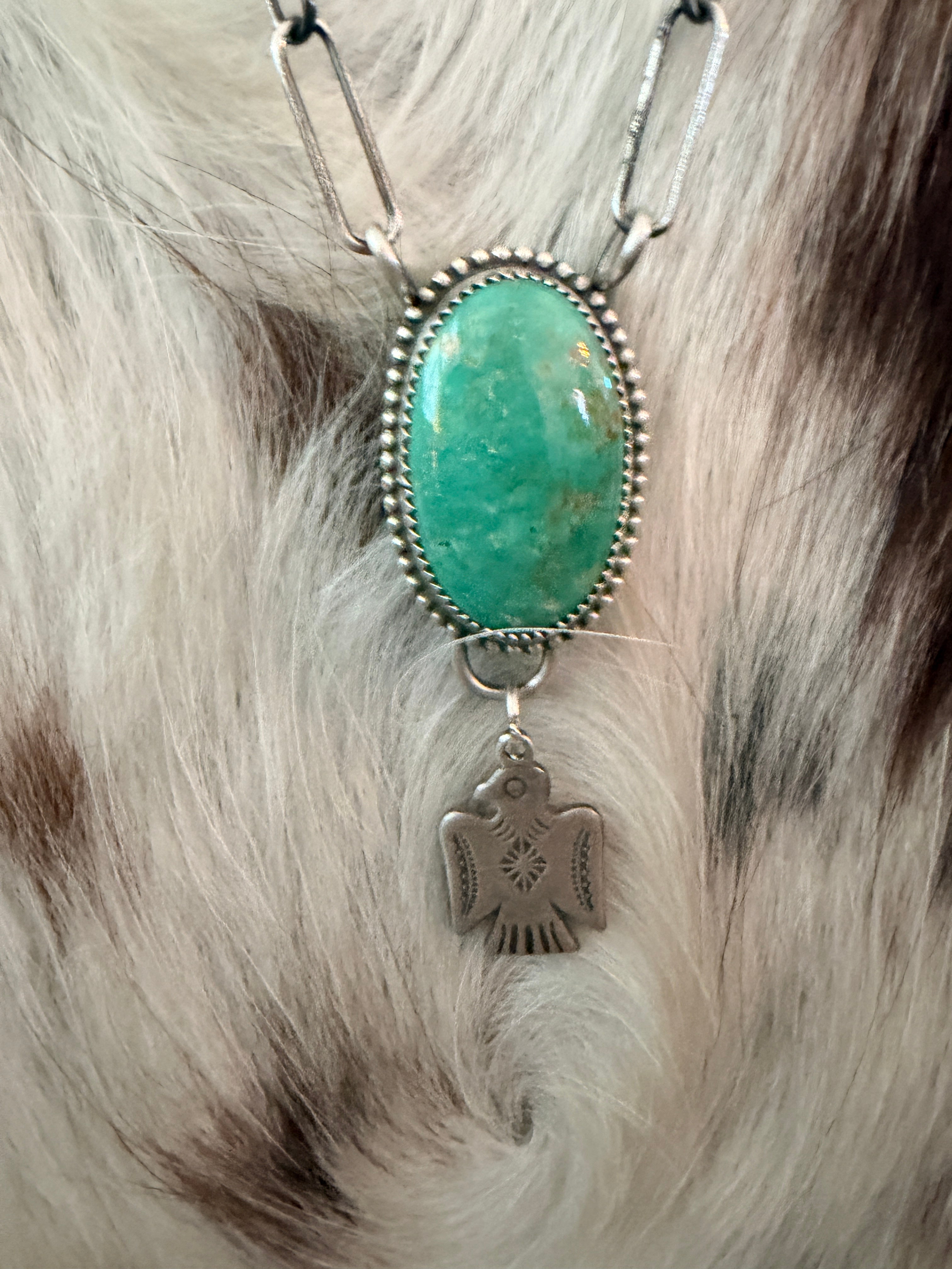 Handmade Sterling Silver & Tyrone Turquoise Thunderbird Necklace