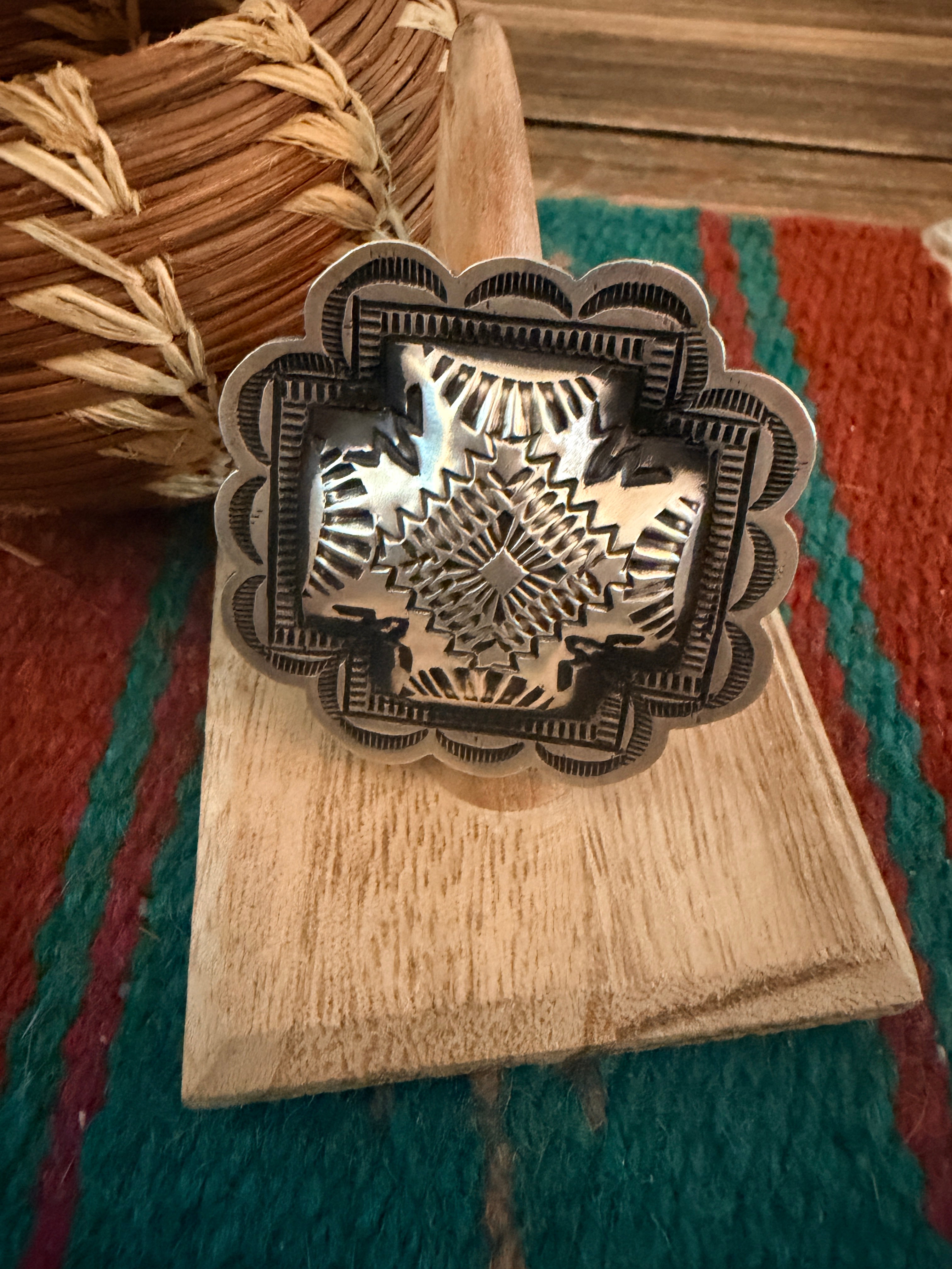 Handcrafted Sterling Silver Adjustable Cross Concho Ring by Leander Tahe