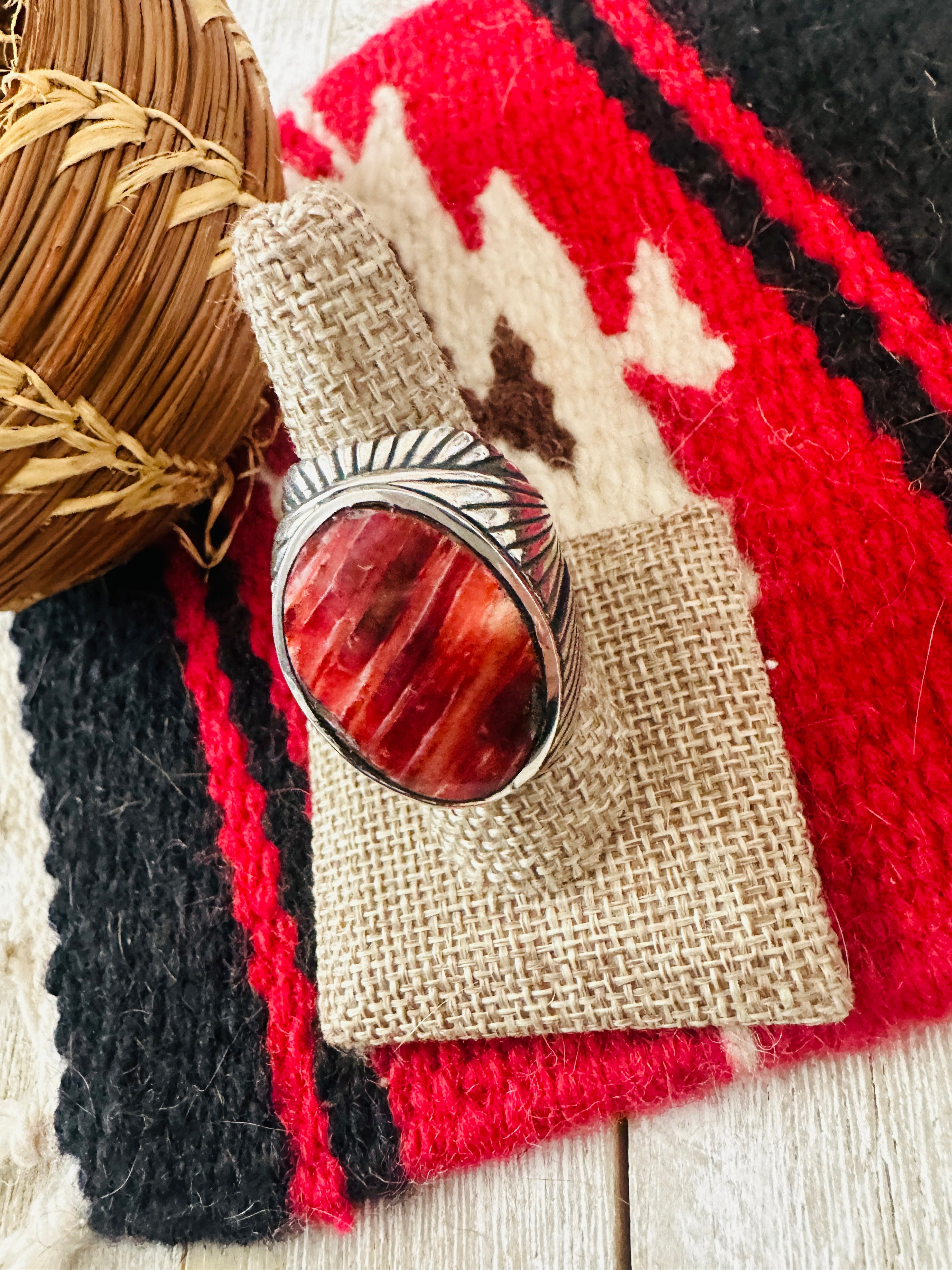 Old Pawn Navajo Sterling Silver & Red Spiny Men’s Ring Size 8.5