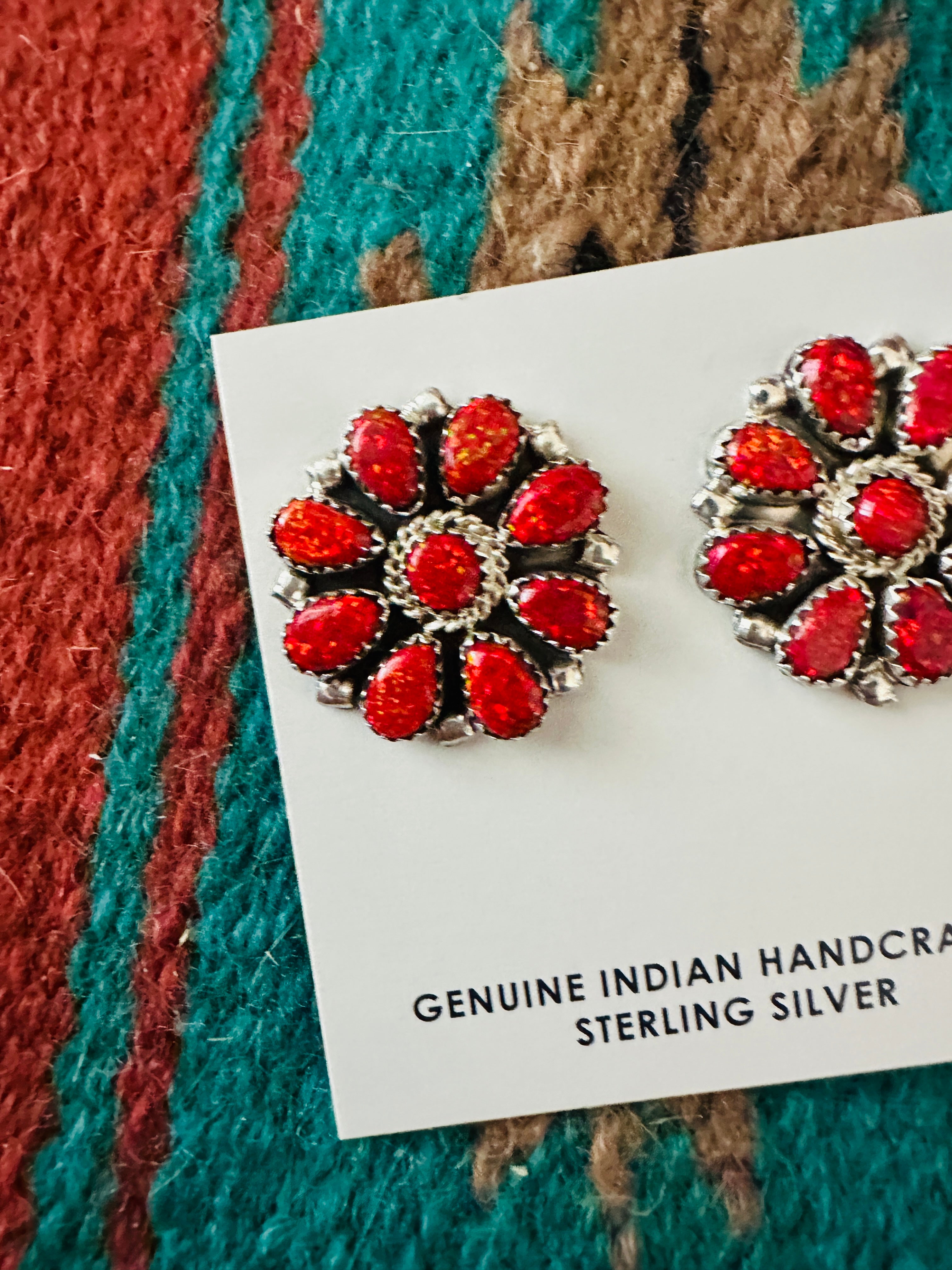 Handcrafted Red Opal & Sterling Silver Cluster Post Earrings