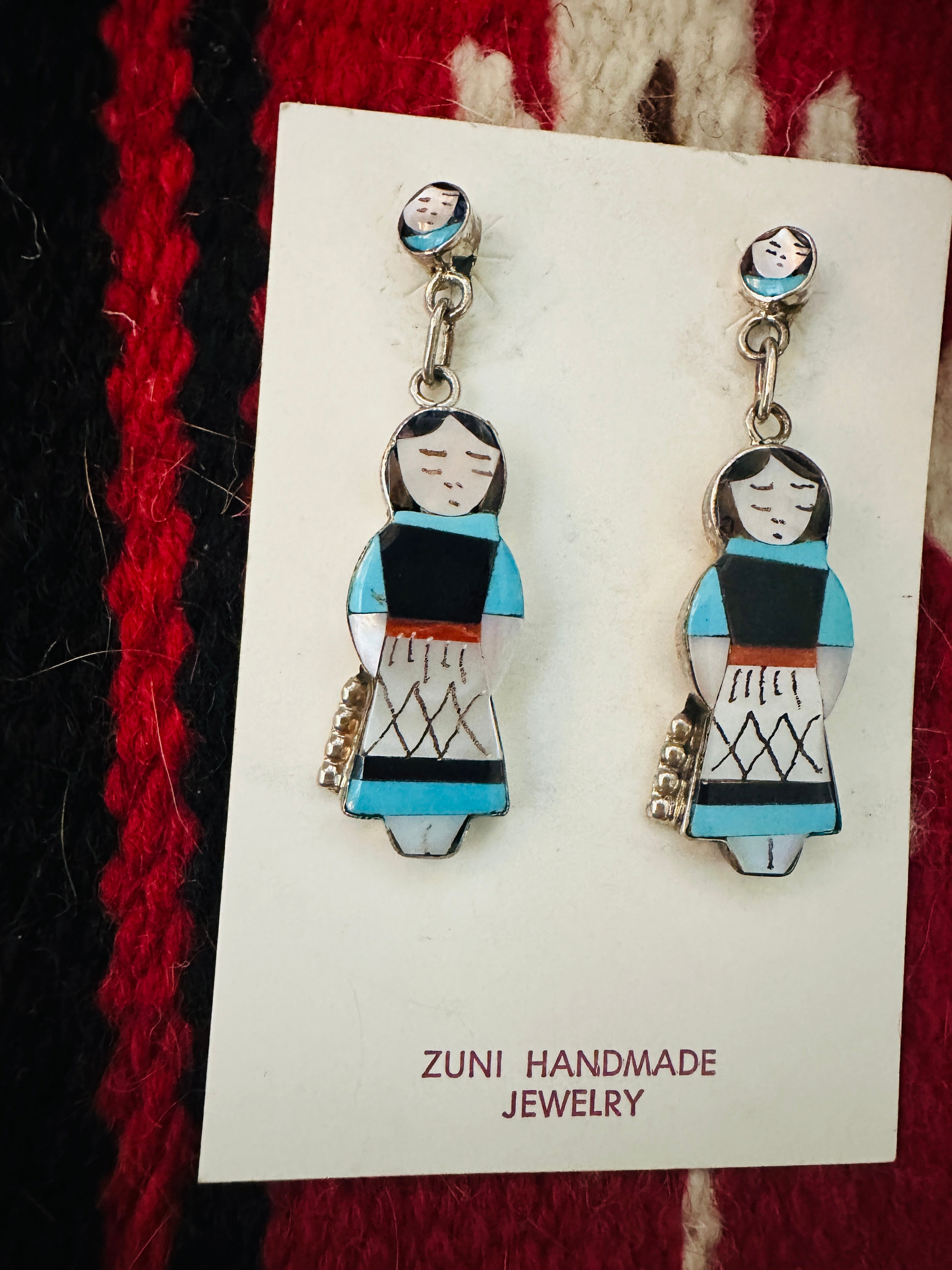 Zuni Multi Stone & Sterling Silver Inlay Maiden Girl Dangle Earrings