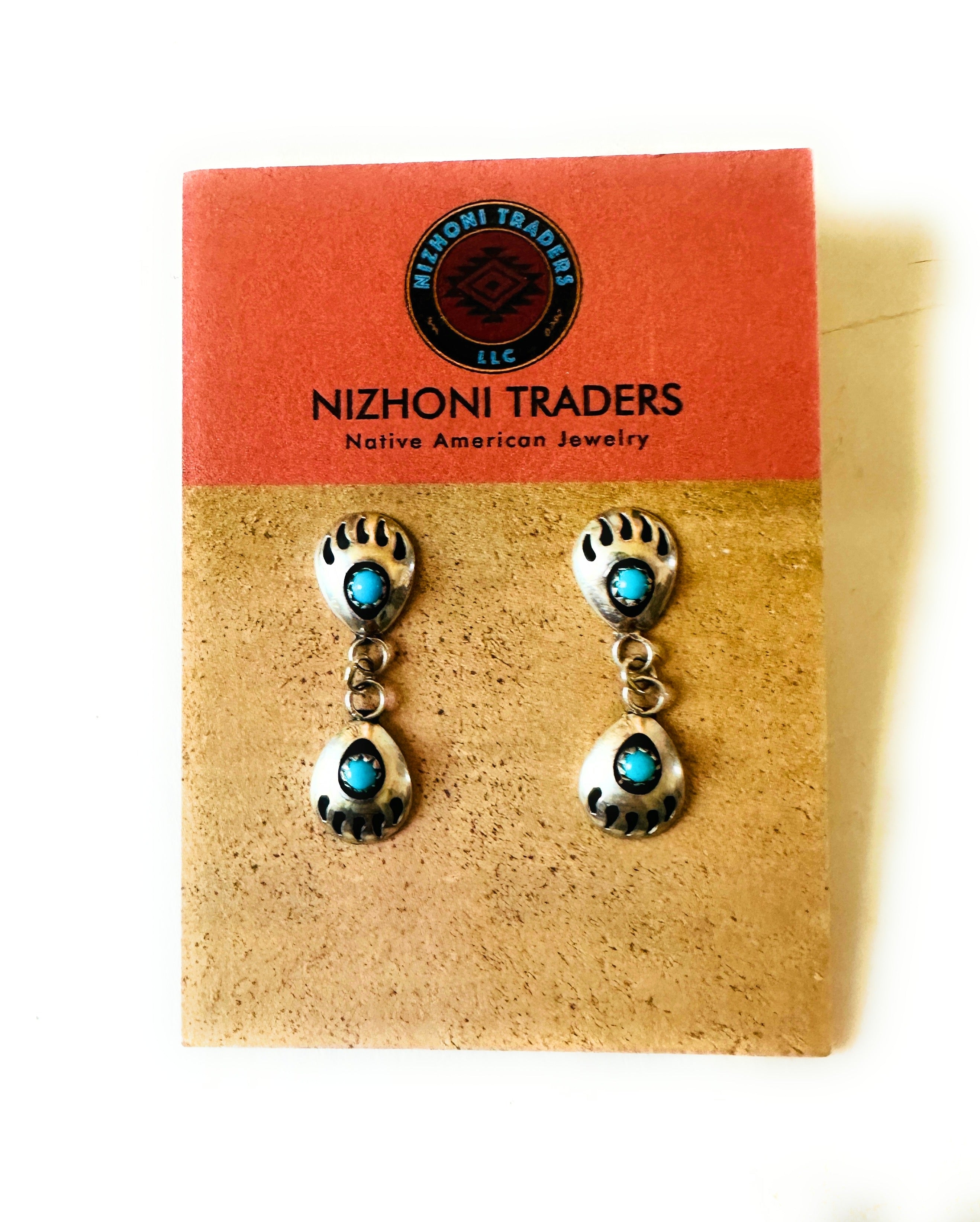 Navajo Turquoise & Sterling Silver Bear Paw Dangle Earrings