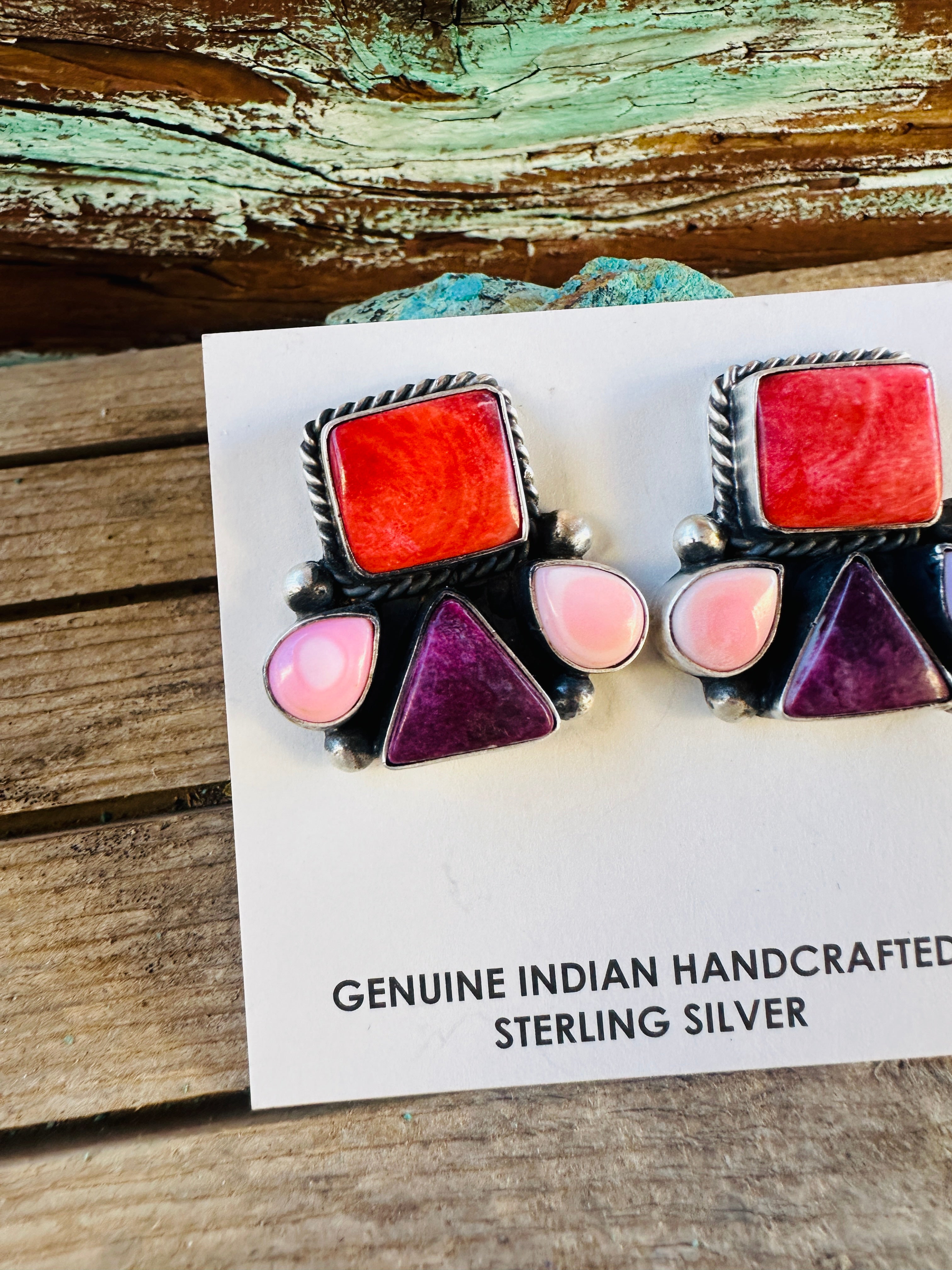 Handcrafted Spiny Oyster, Queen Pink Conch & Sterling Silver Post Earrings by Hiram Largo