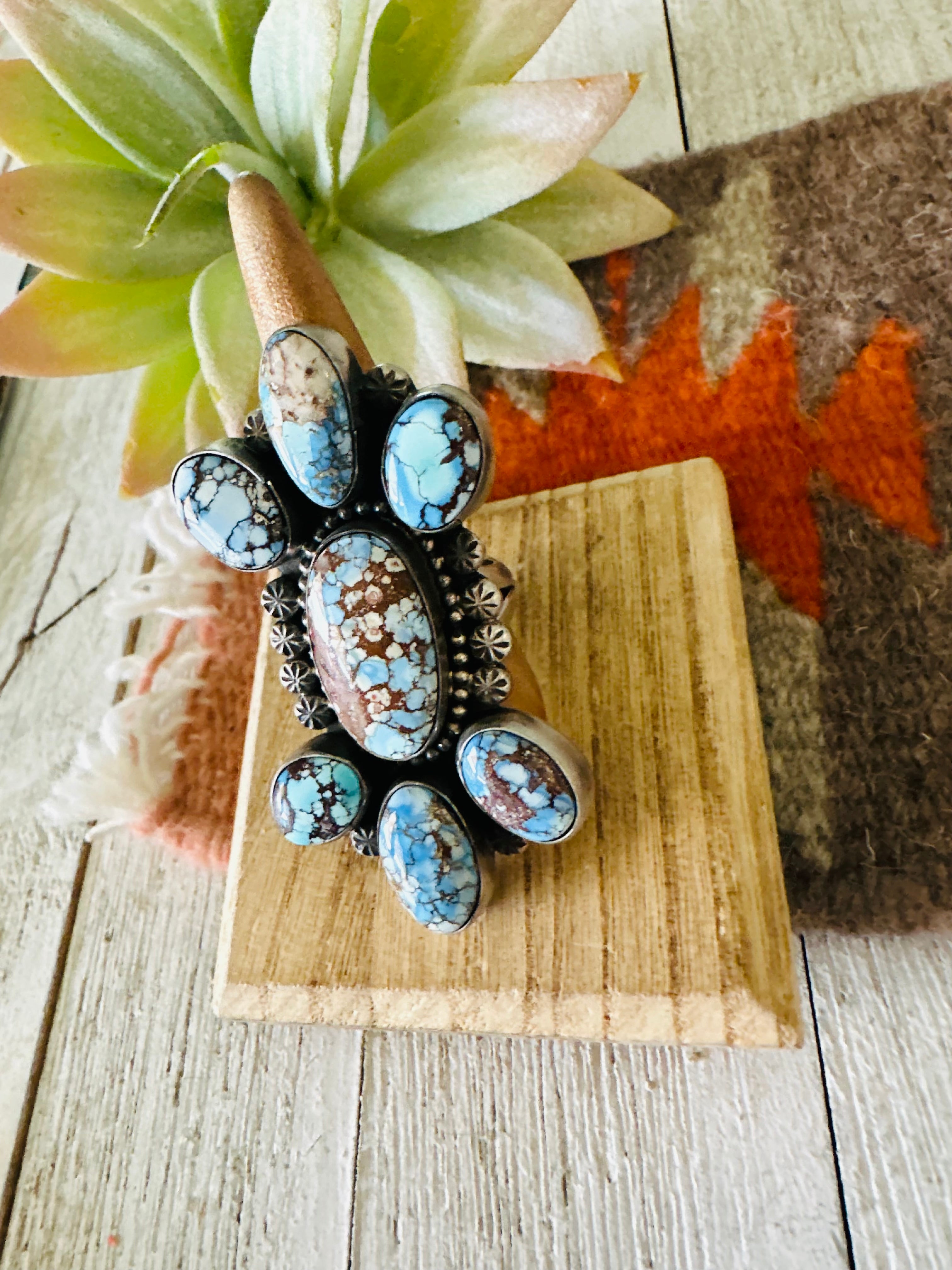 Navajo Golden Hills Turquoise & Sterling Silver Cluster Ring Size 11