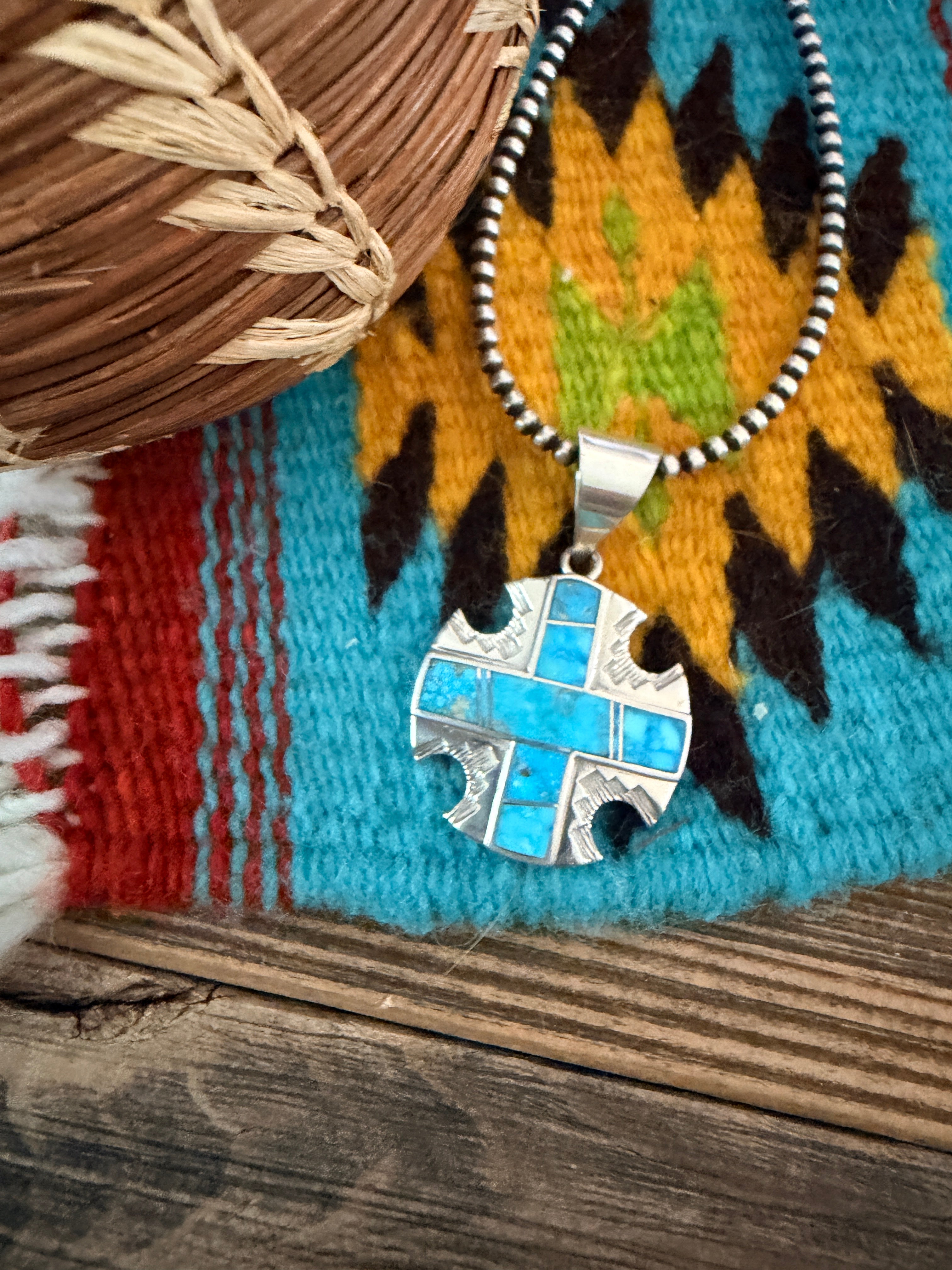 Old Pawn Handcrafted Turquoise and Sterling Silver Cross Pendant