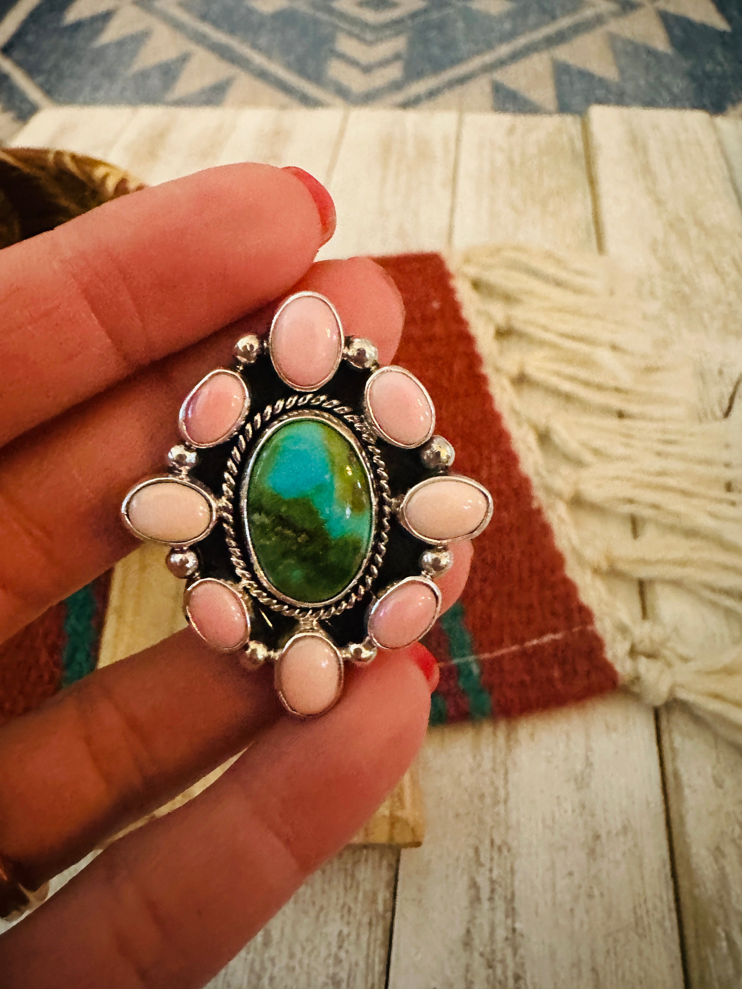 Navajo Sterling Silver, Queen Pink Conch & Turquoise Cluster Adjustable Ring