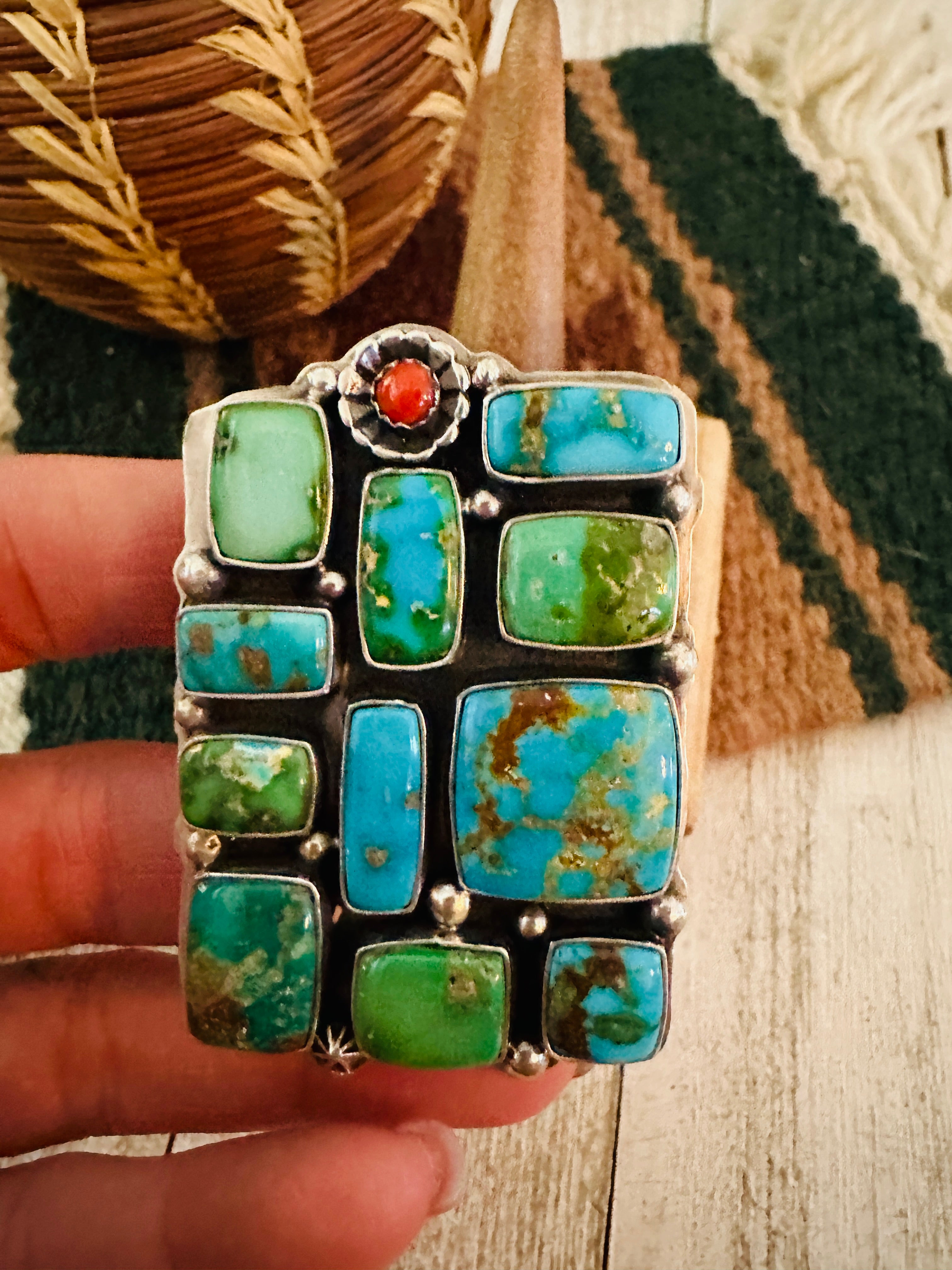 Navajo Sonoran Mountain Turquoise, Coral & Sterling Silver Adjustable Cluster Ring