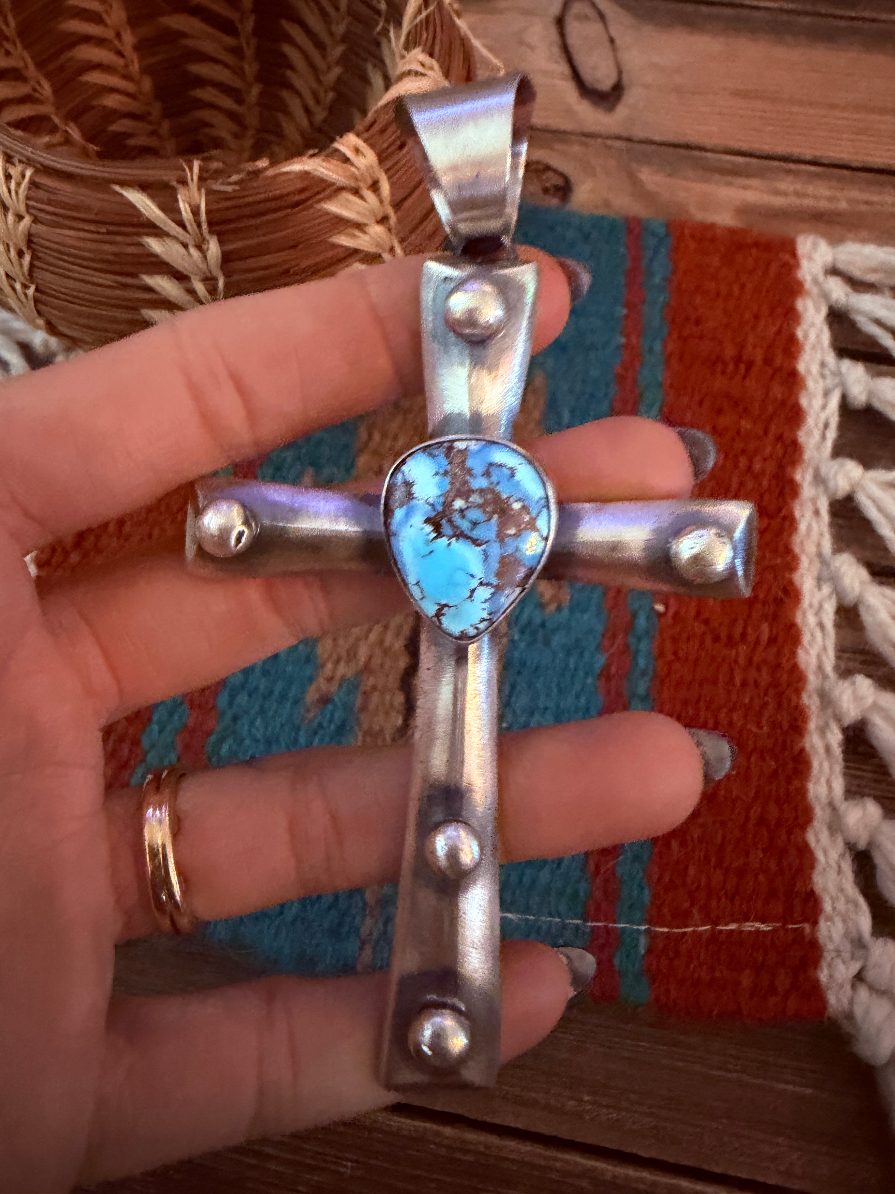 Handcrafted Golden Hills Turquoise & Sterling Silver Cross Pendant by Chimney Butte