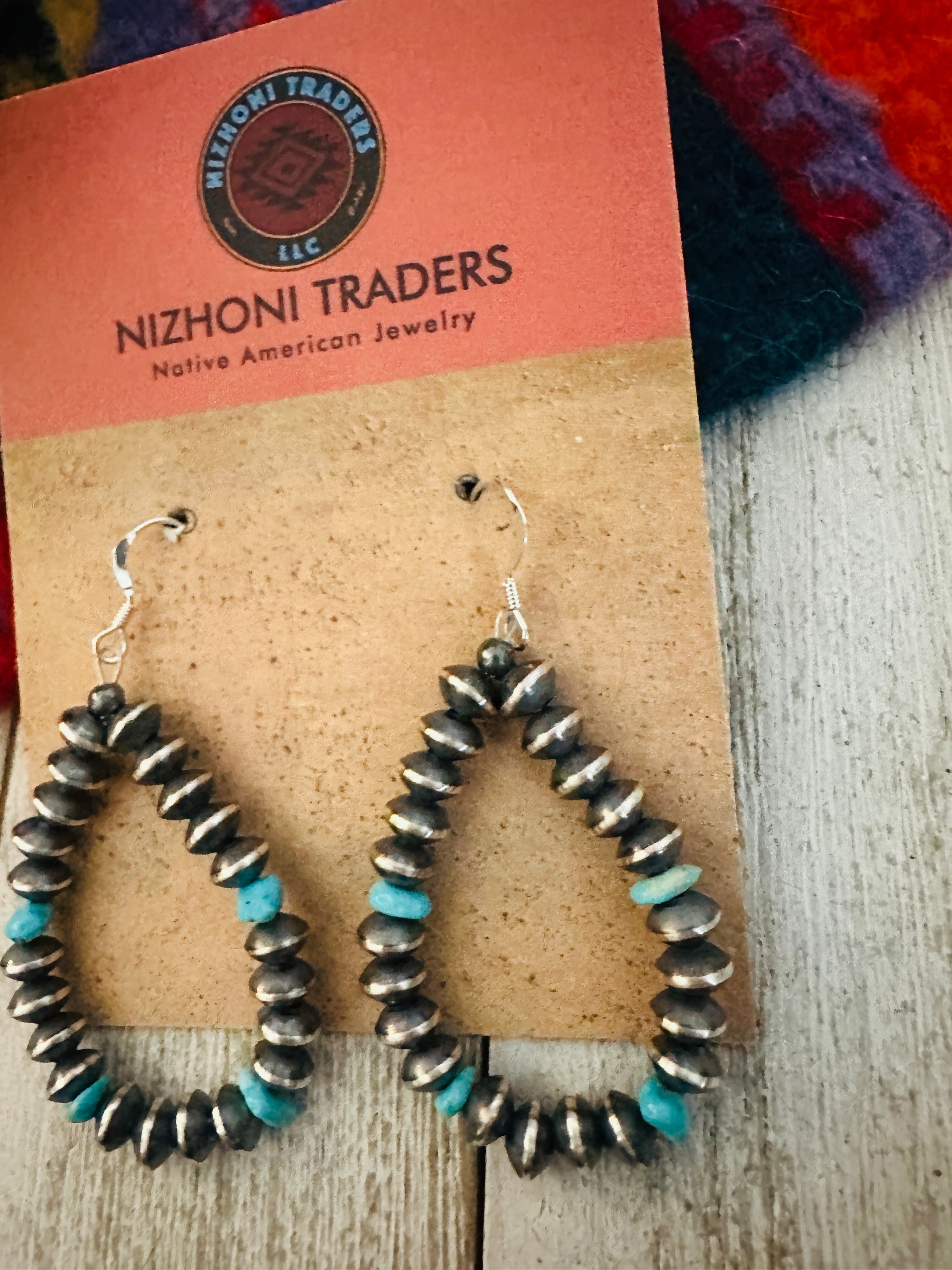 Navajo Turquoise & Sterling Silver Beaded Hoop Earrings