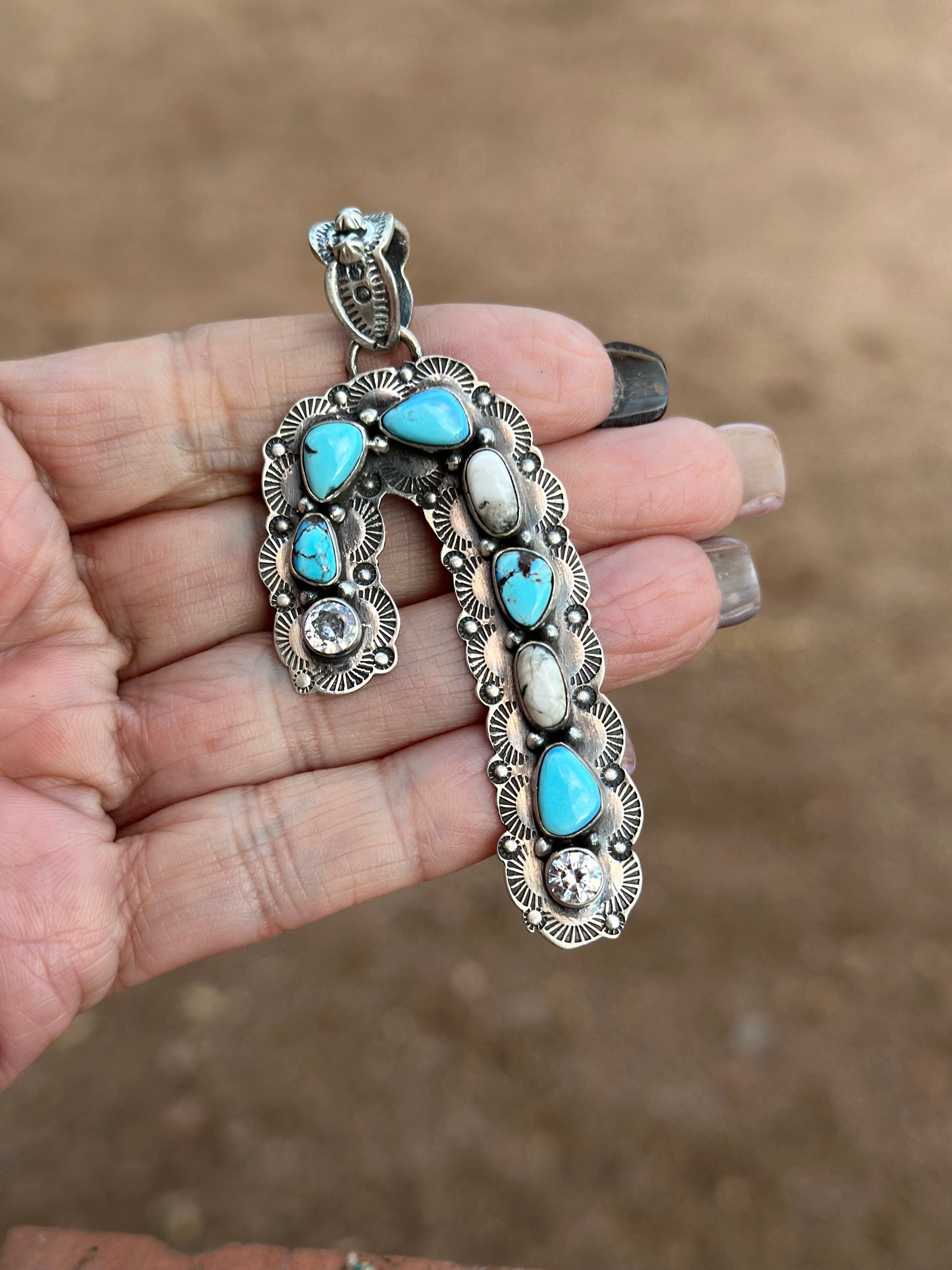 Handmade Sterling Silver White Buffalo & Golden Hills Turquoise Christmas Candy Cane Pendant