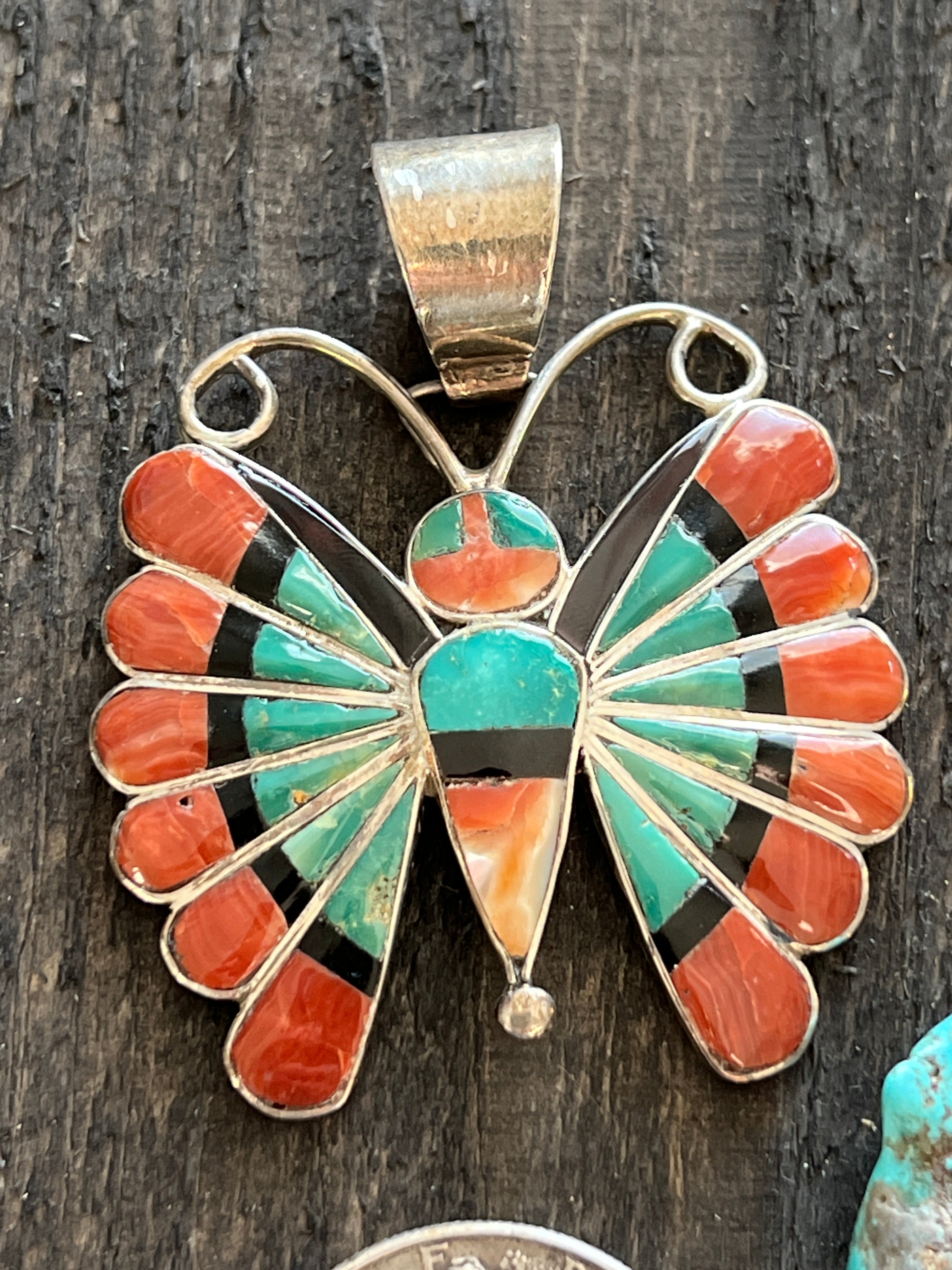 Vintage Handcrafted Sterling Silver, Turquoise, Spiny Oyster Shell and Jet Inlay Butterfly Pendant by Sara Edaakie