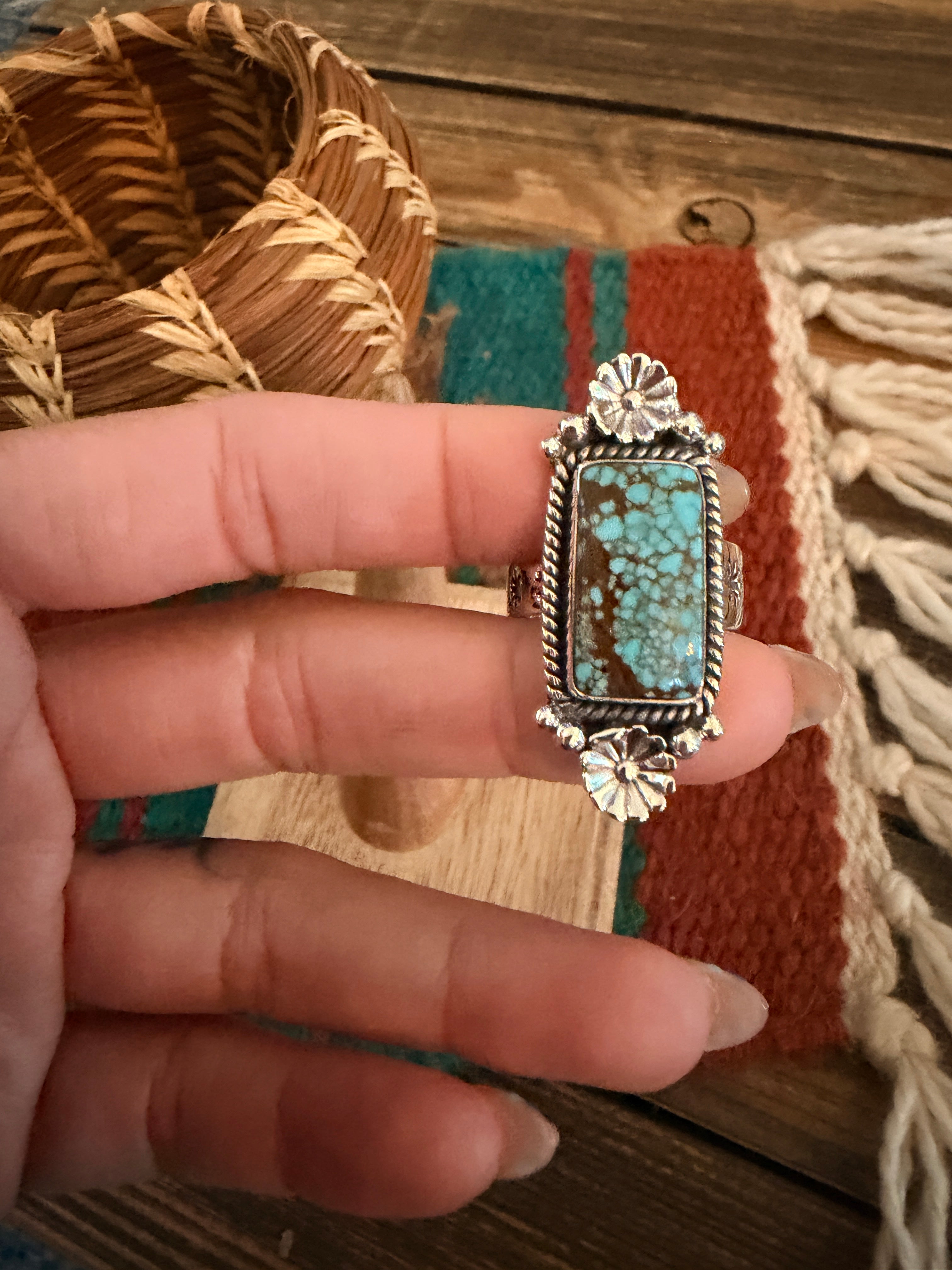 Handmade Sterling Silver Number 8 Turquoise Adjustable Ring Signed Nizhoni
