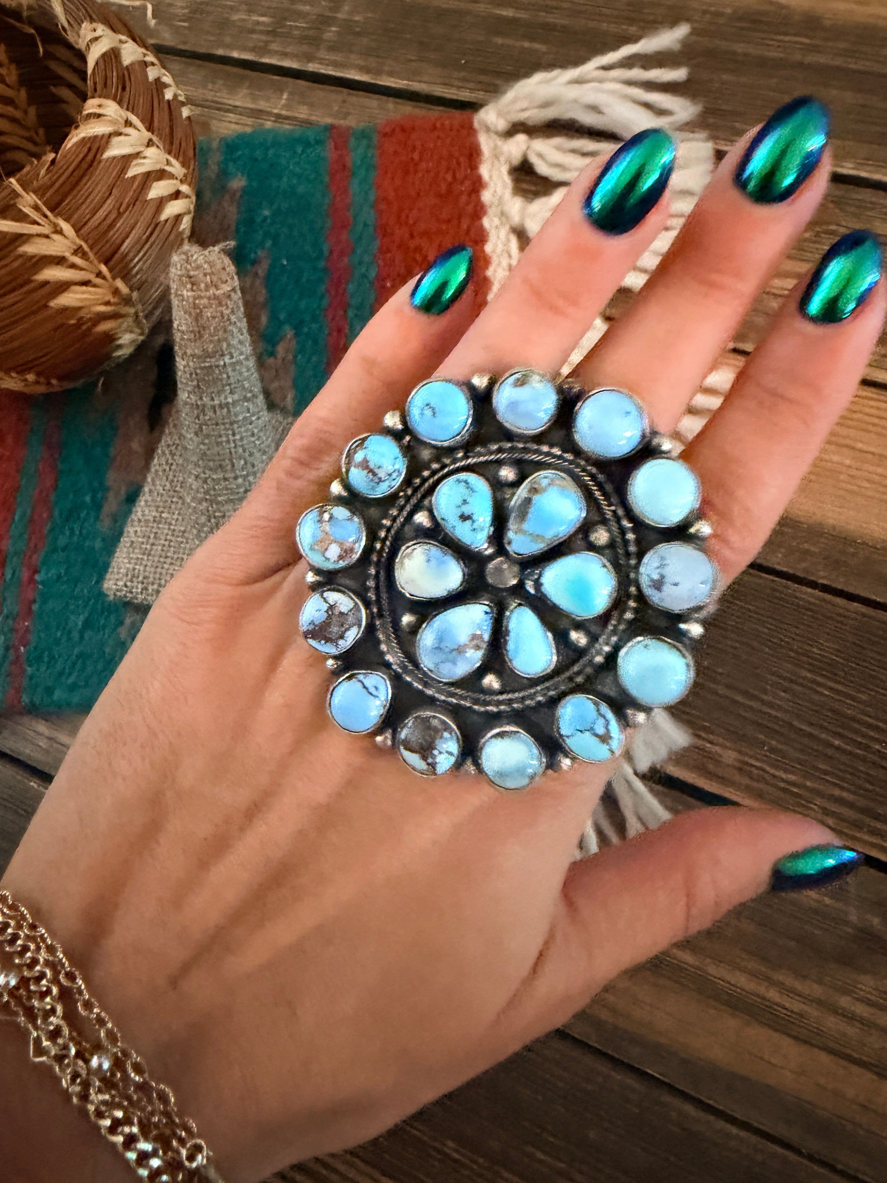 Handcrafted Golden Hills Turquoise & Sterling Silver Cluster Adjustable Ring by Ella Peters