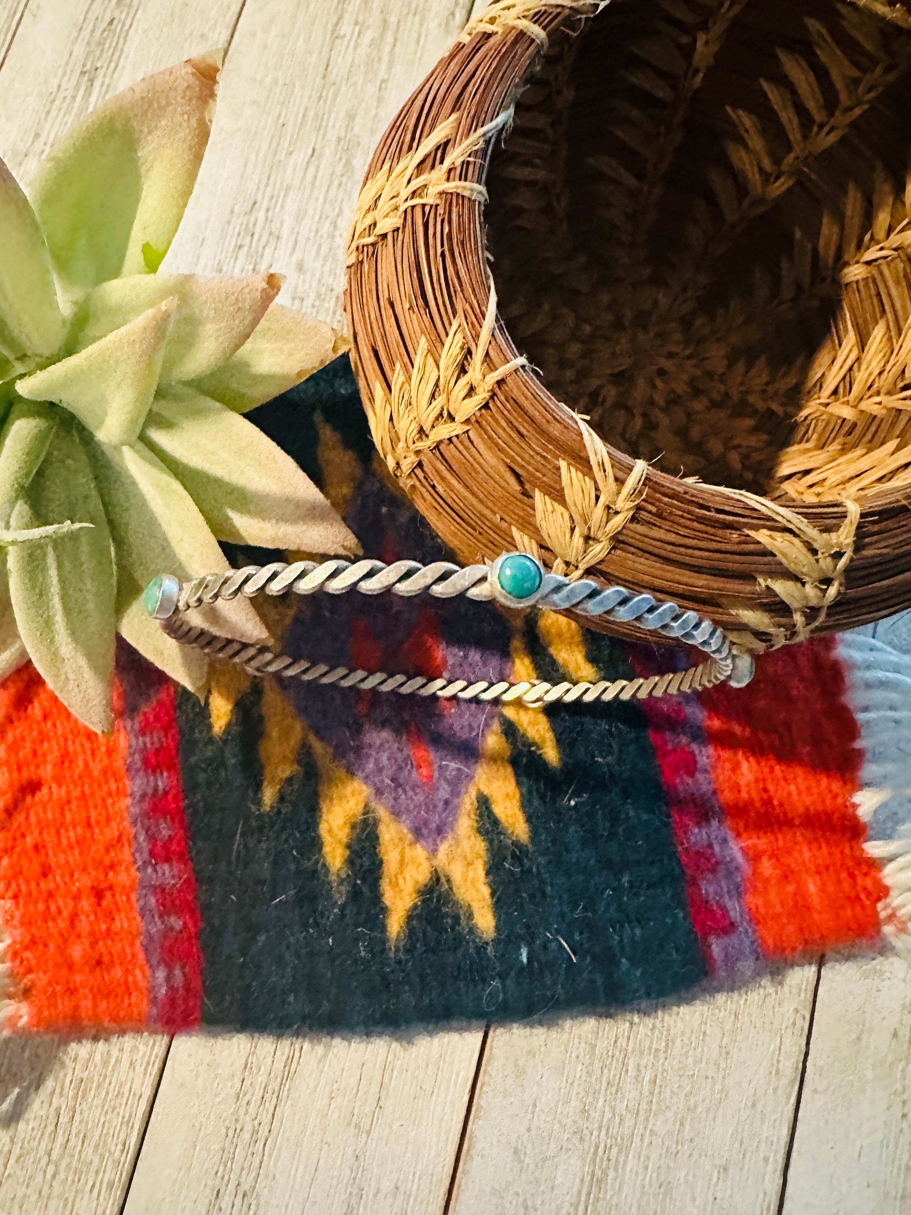 Navajo Twisted Sterling Silver & Turquoise Bangle Bracelet