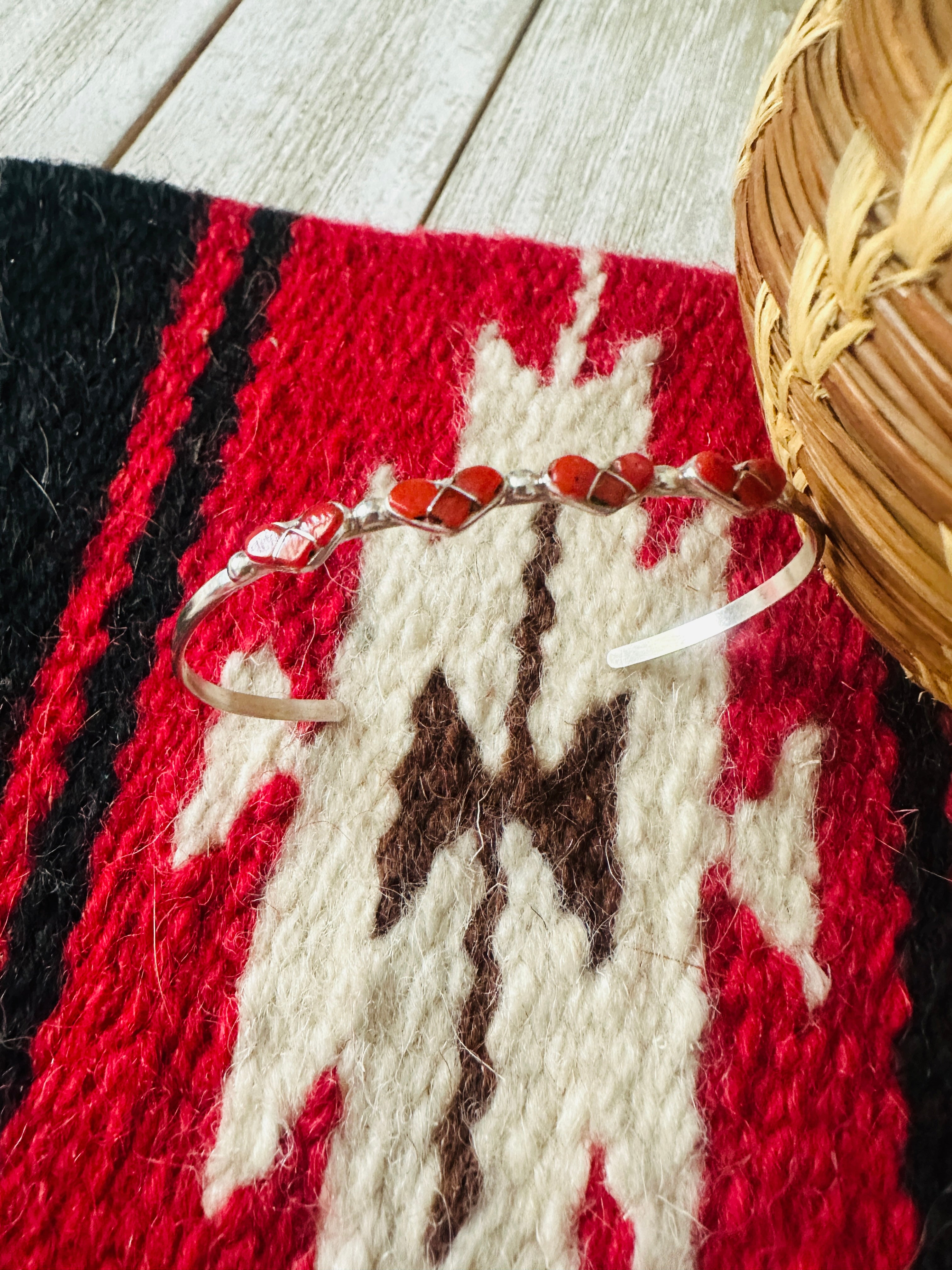 Zuni Sterling Silver & Coral Heart Inlay Cuff Bracelet