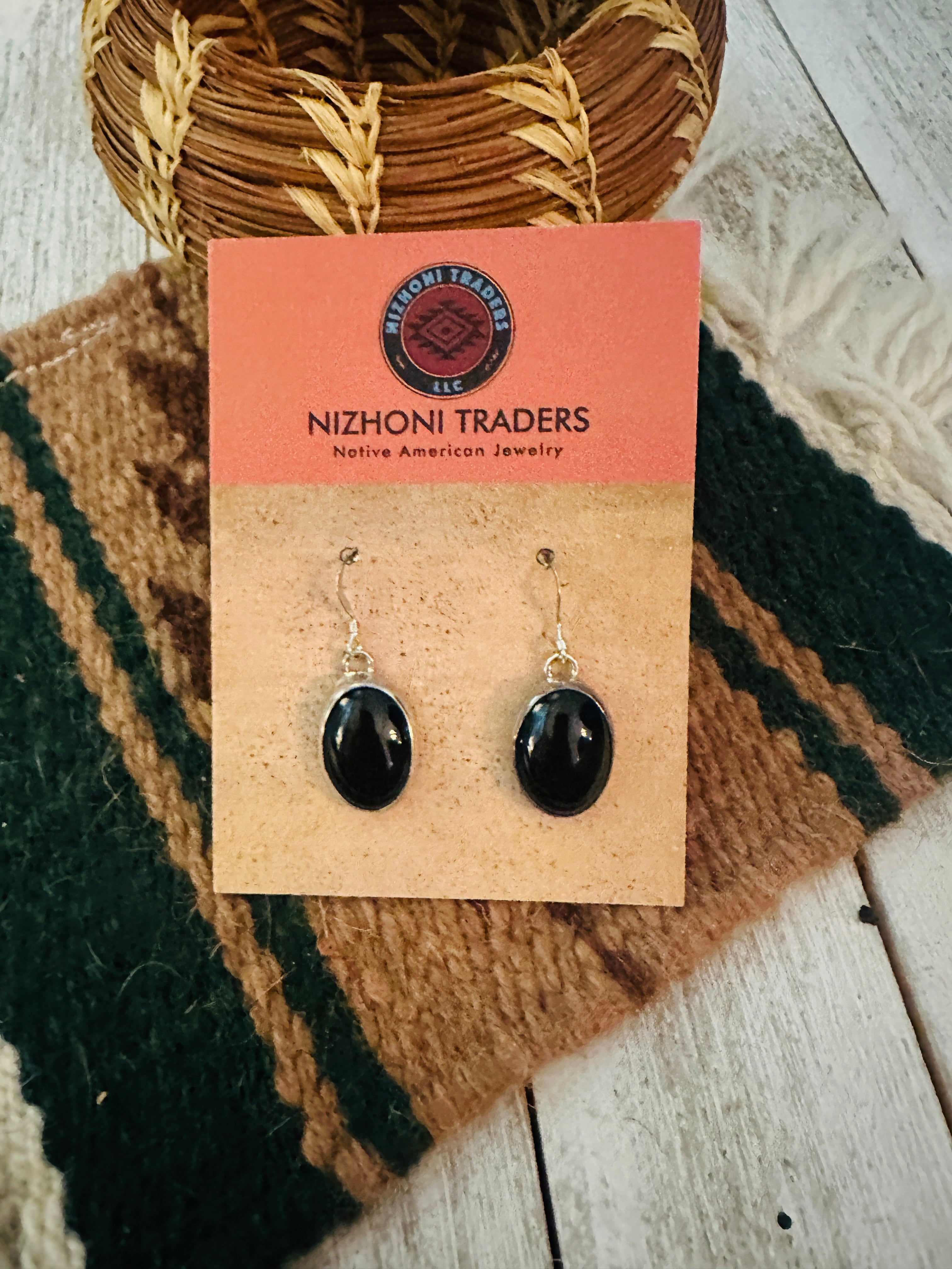 Navajo Onyx & Sterling Silver Dangle Earrings