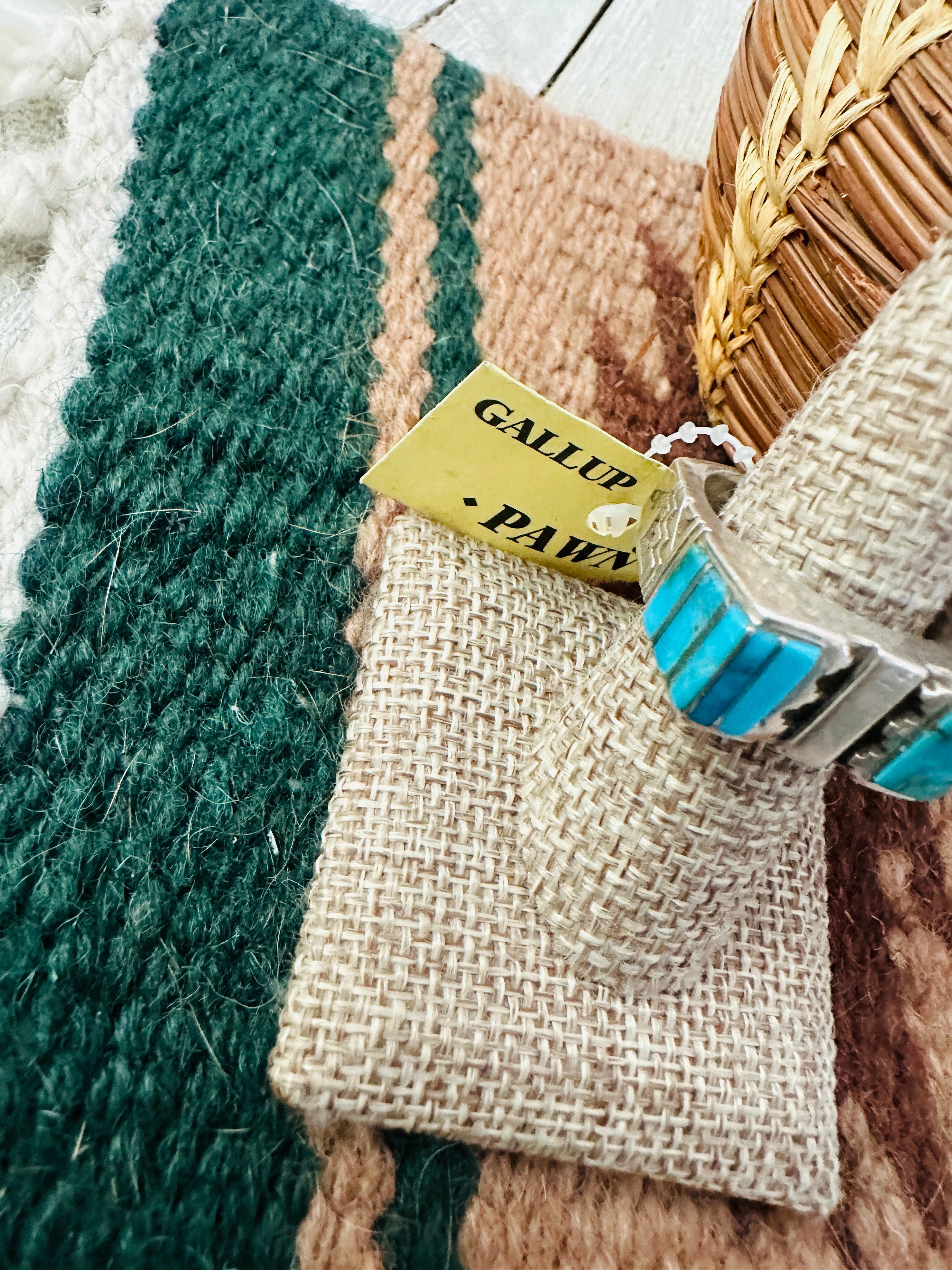 Old Pawn Handcrafted Turquoise & Sterling Silver Inlay Band Ring Size 10