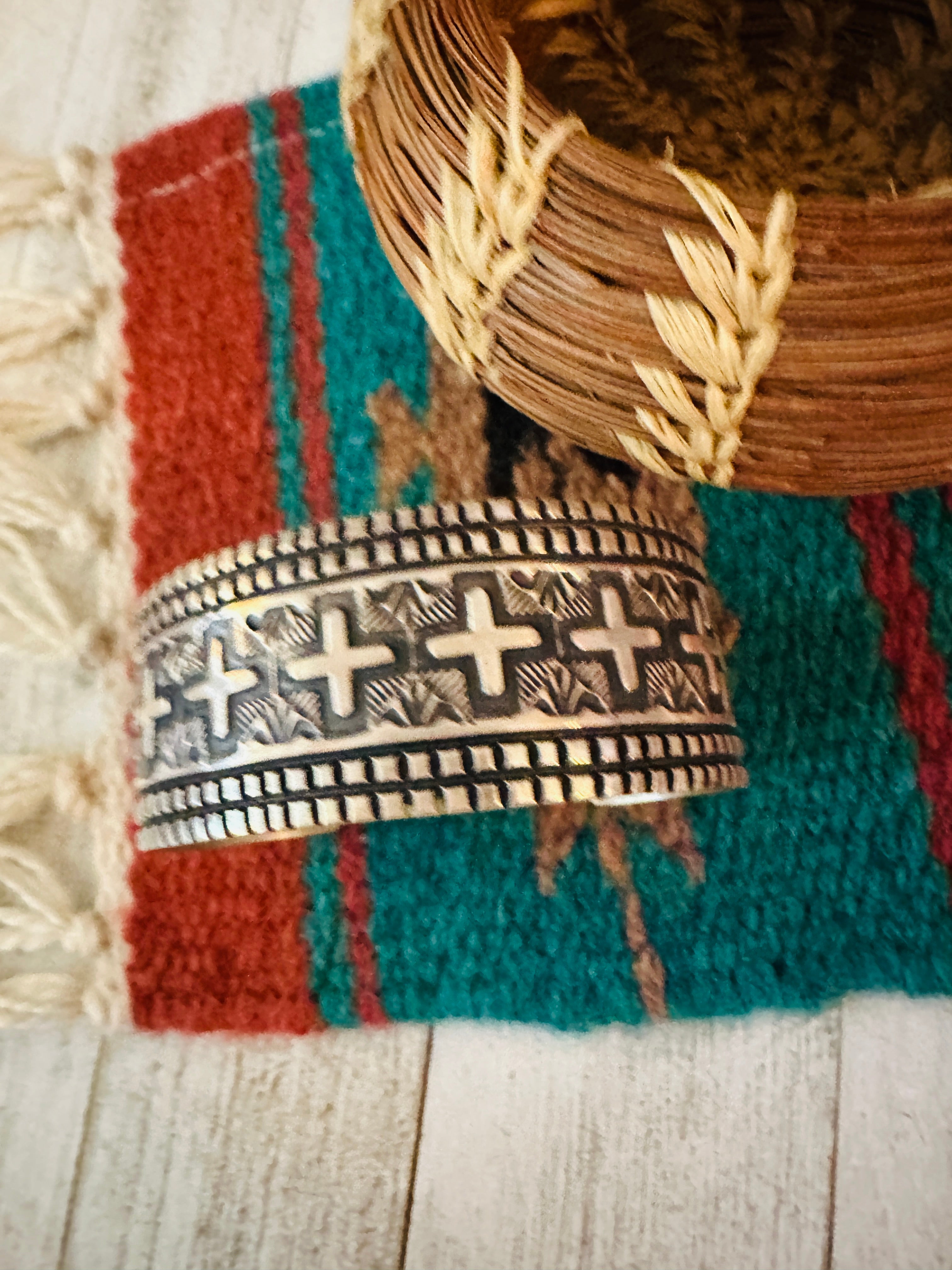 Navajo Hand Stamped Sterling Silver Cross Cuff Bracelet By Elvira Bill