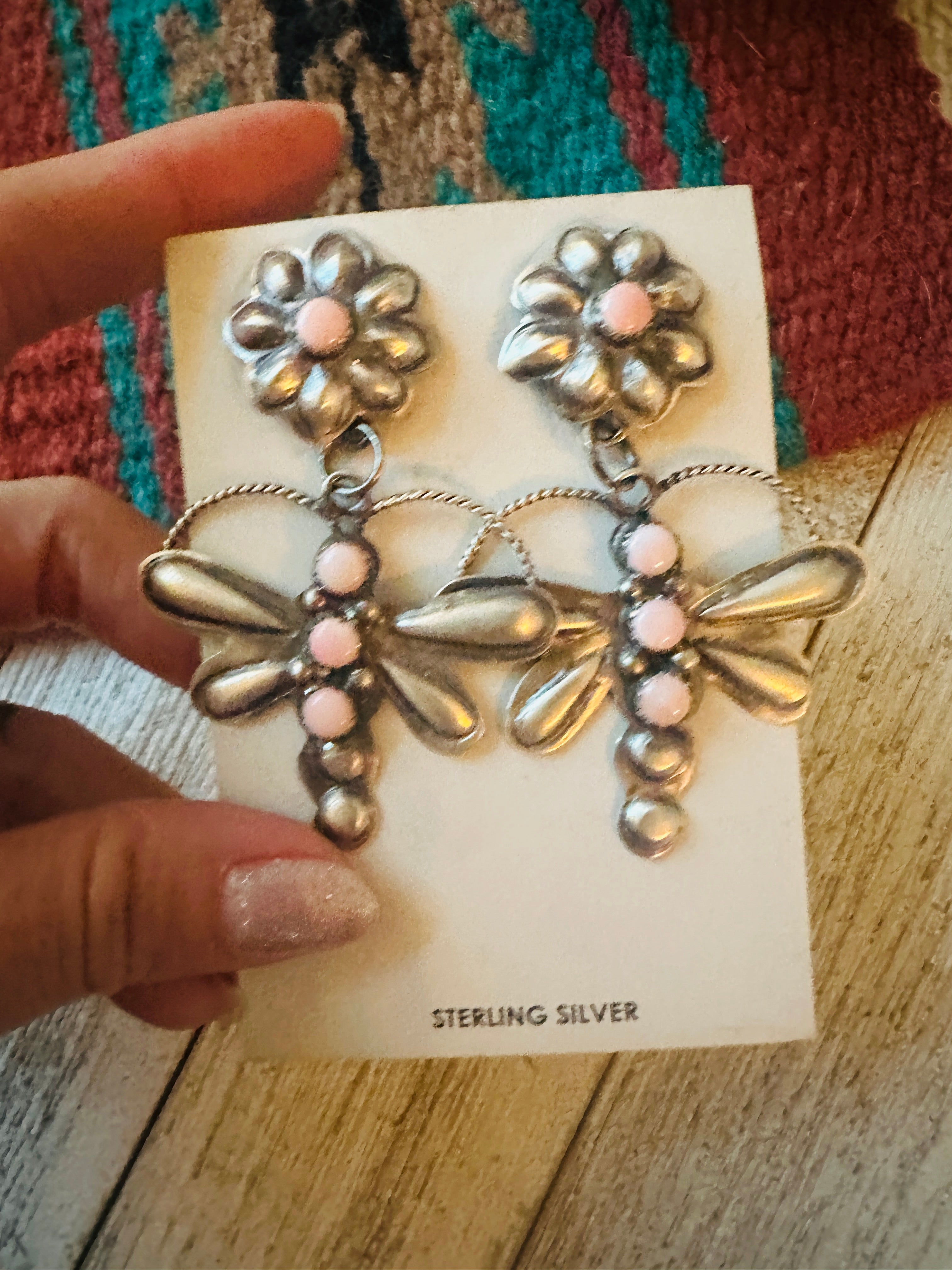 Navajo Queen Pink Conch & Sterling Silver Dragonfly Dangle Earrings