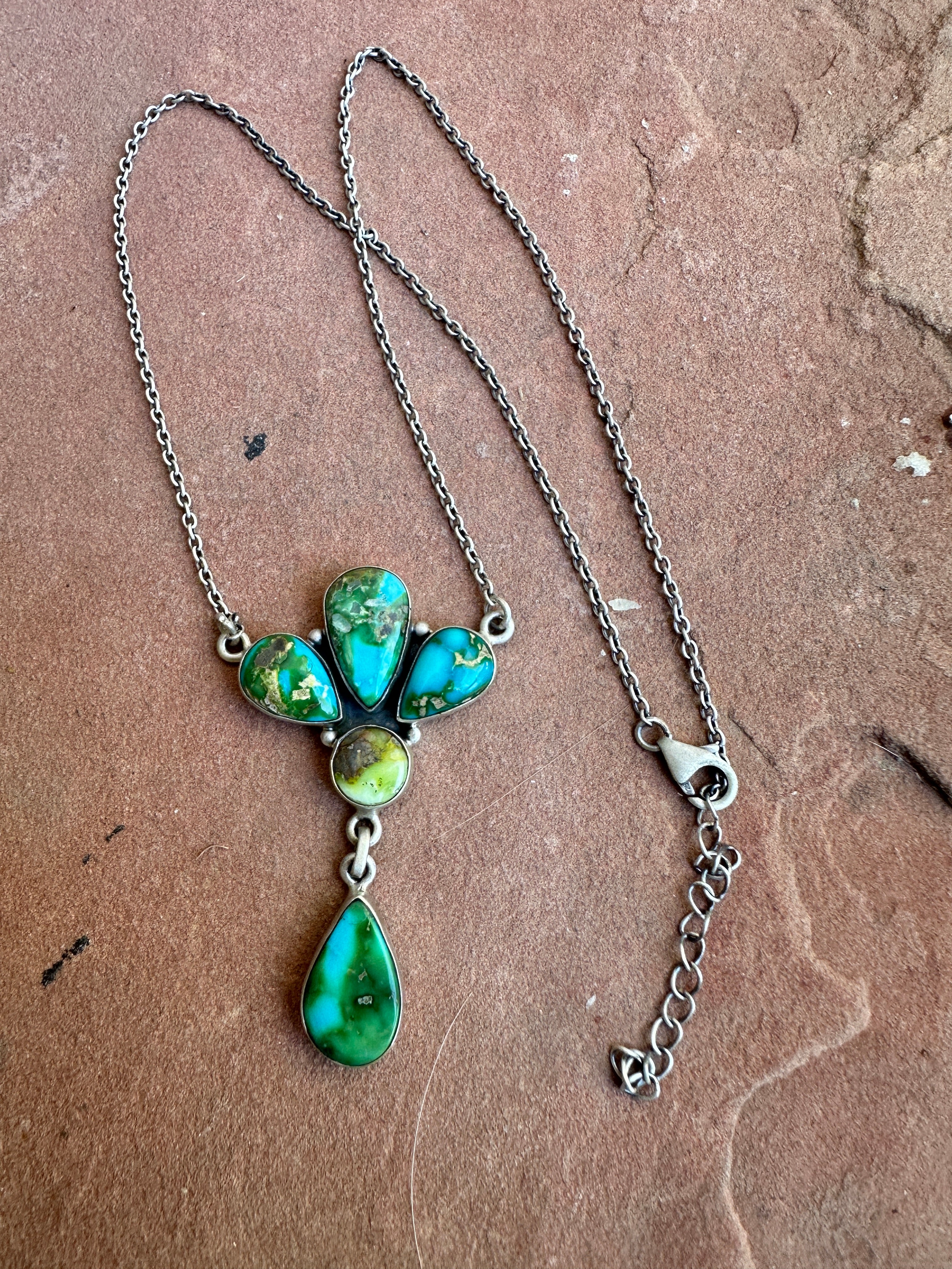 Beautiful Handmade Sterling Silver & Sonoran Mountain Turquoise & Palomino Turquoise Drop Necklace