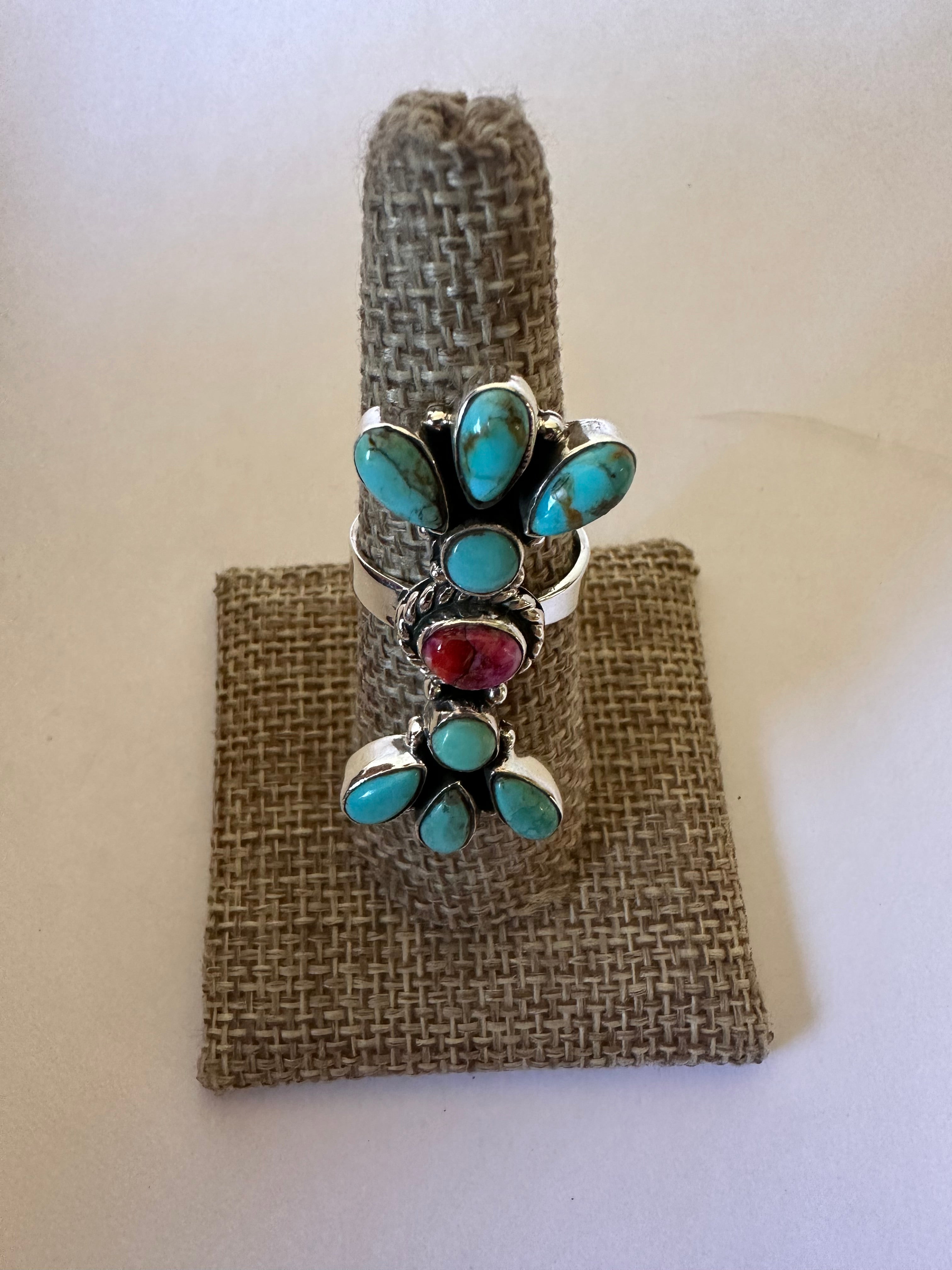 Beautiful Handmade Pink Dream Mojave, Turquoise And Sterling Silver Adjustable Cluster Ring