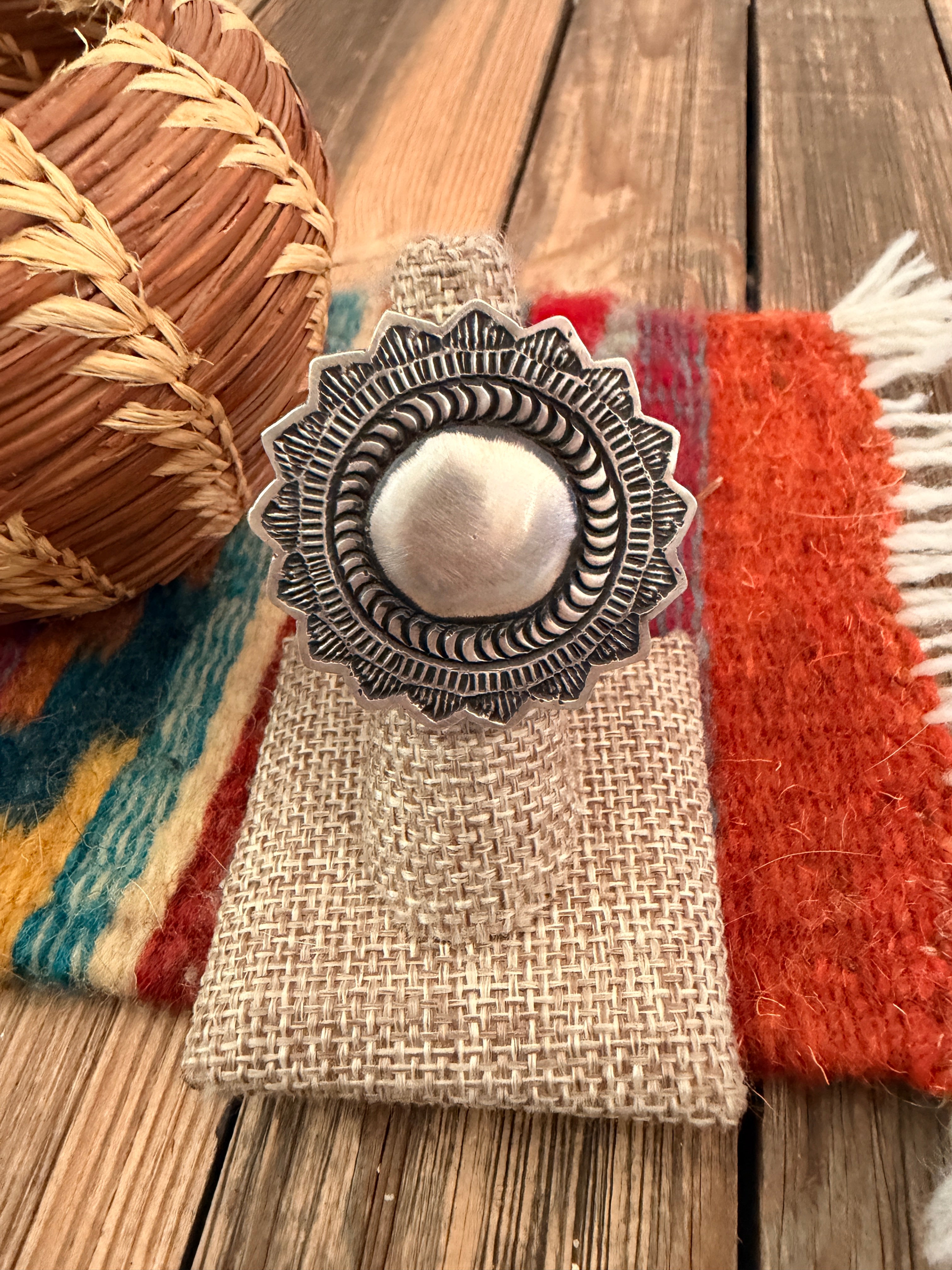 Handcrafted Sterling Silver Adjustable Concho Ring by Leander Tahe