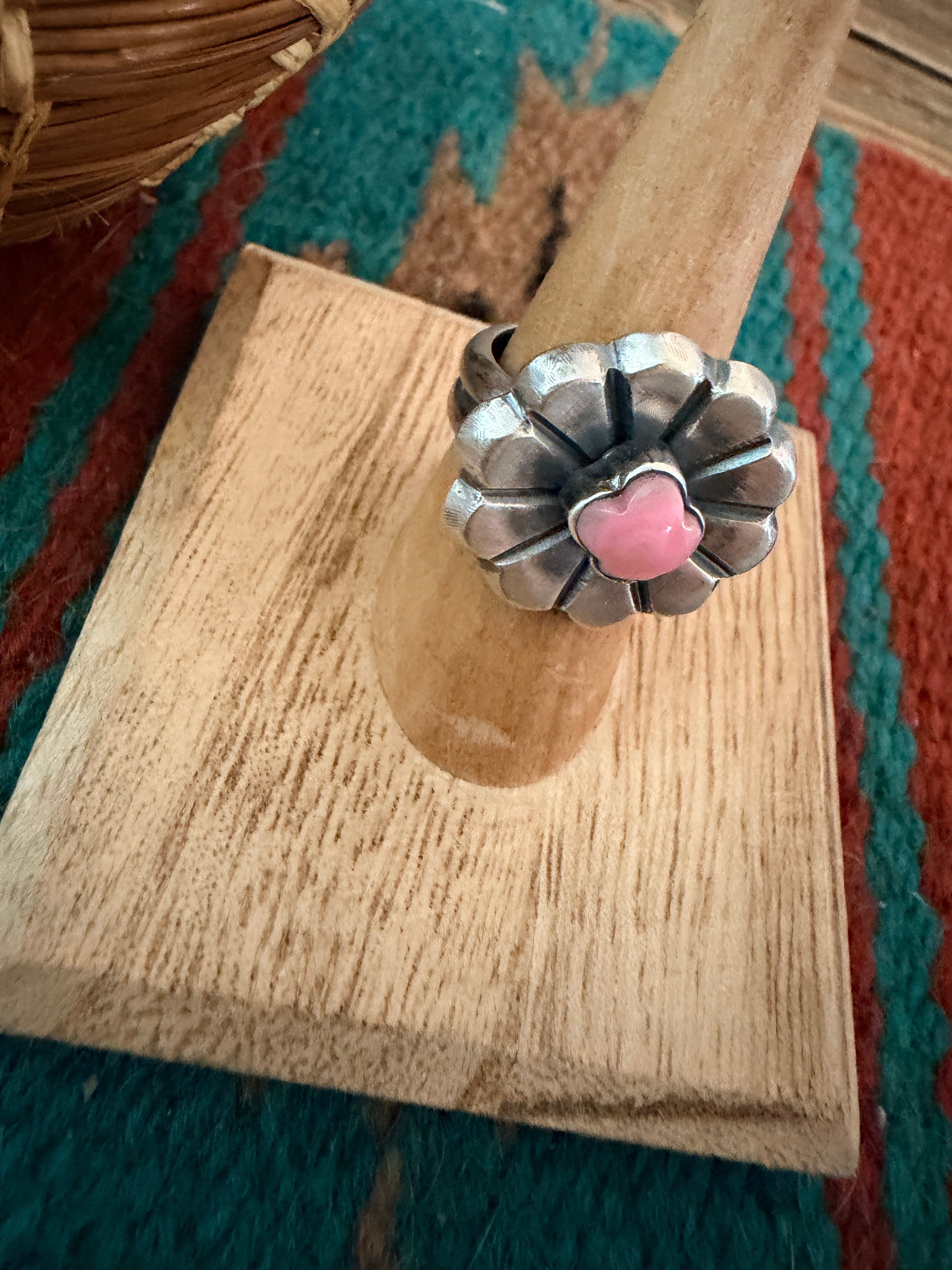 Handcrafted Queen Pink Cocnh and Sterling Silver Flower Ring size 6.75 by Chimney Butte