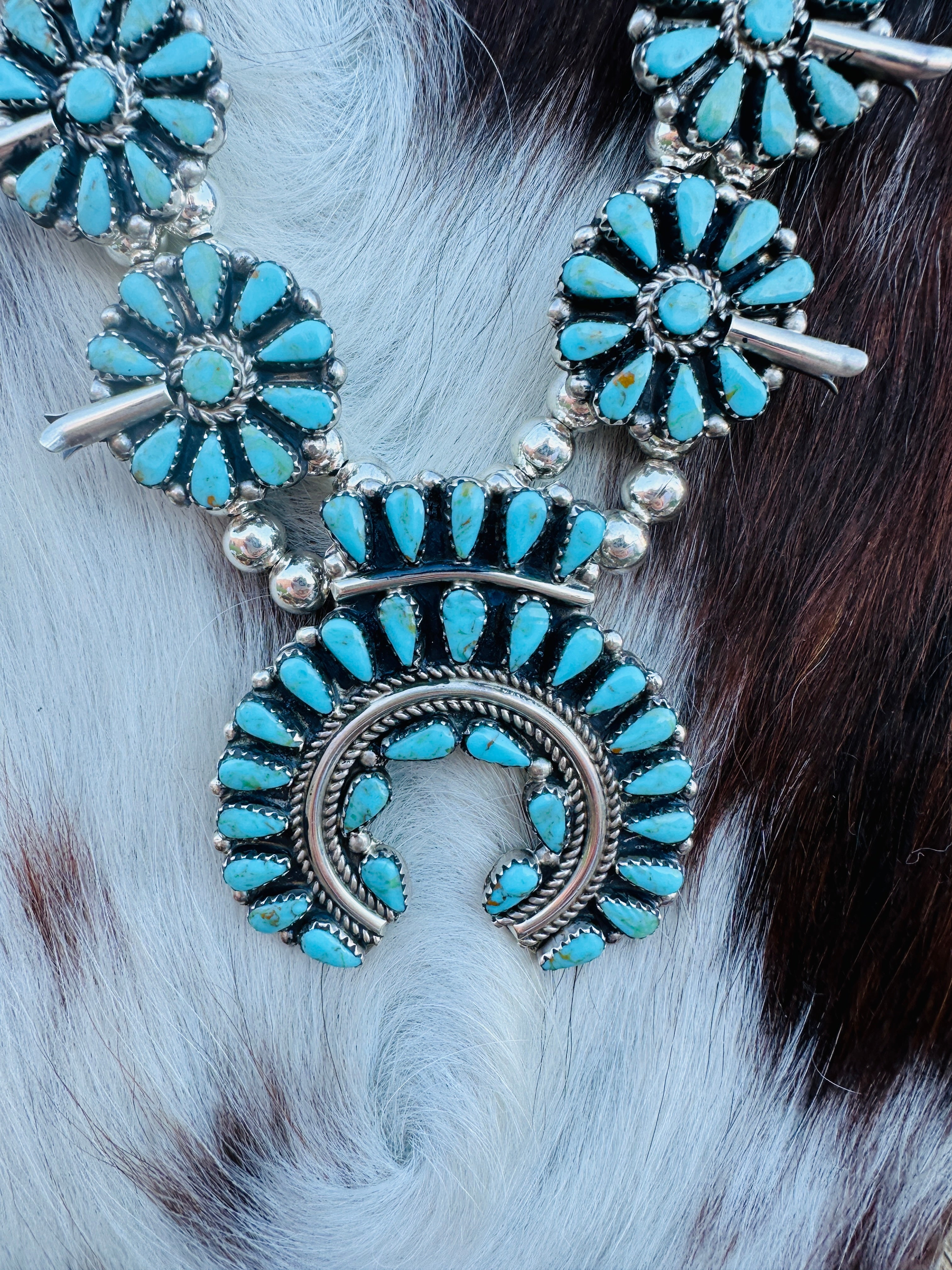 Old Pawn Handcrafted Turquoise & Sterling Silver Squash Blossom Necklace