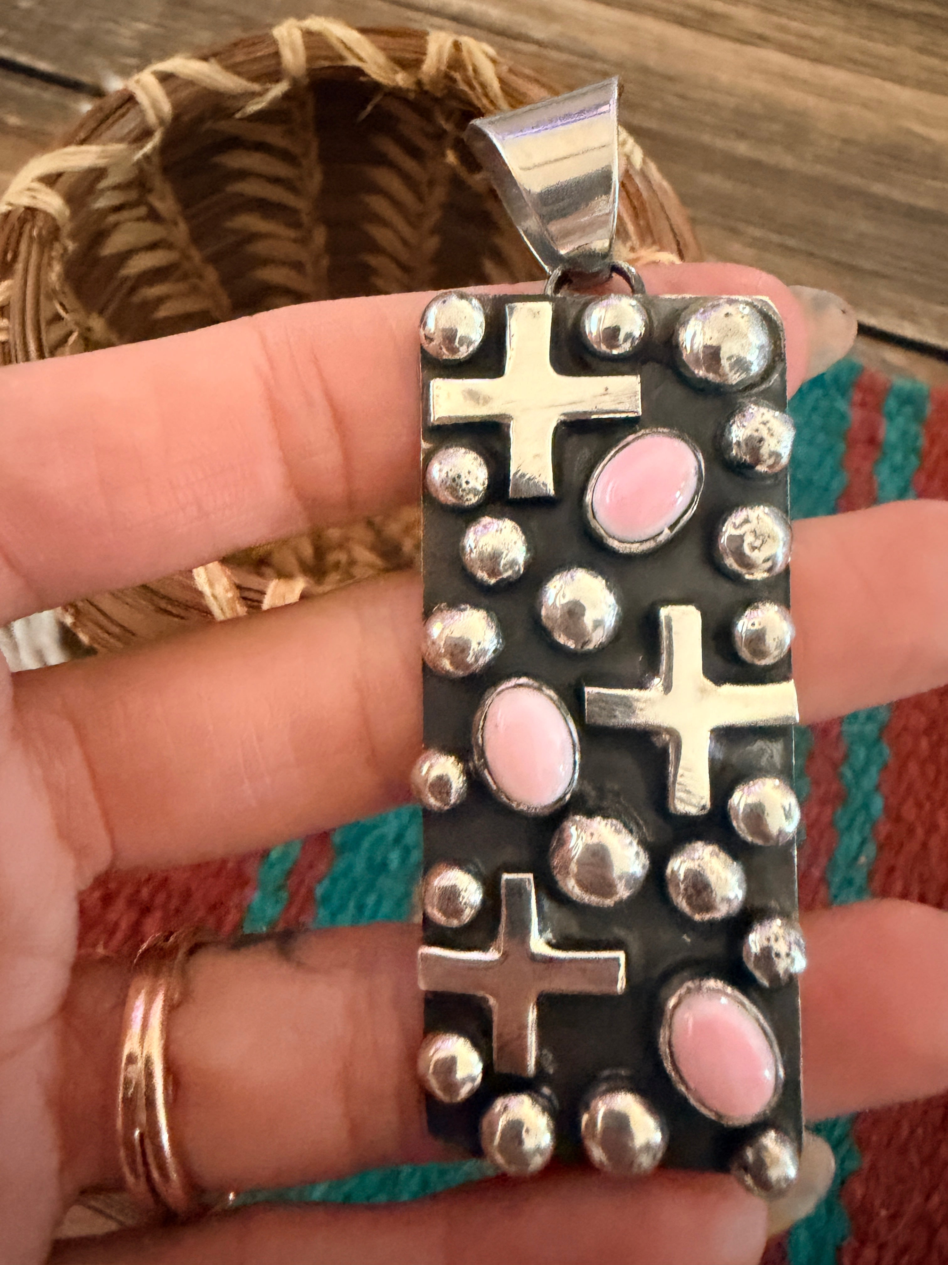 Handcrafted Sterling Silver & Queen Pink Conch Cross Pendant by Chimney Butte