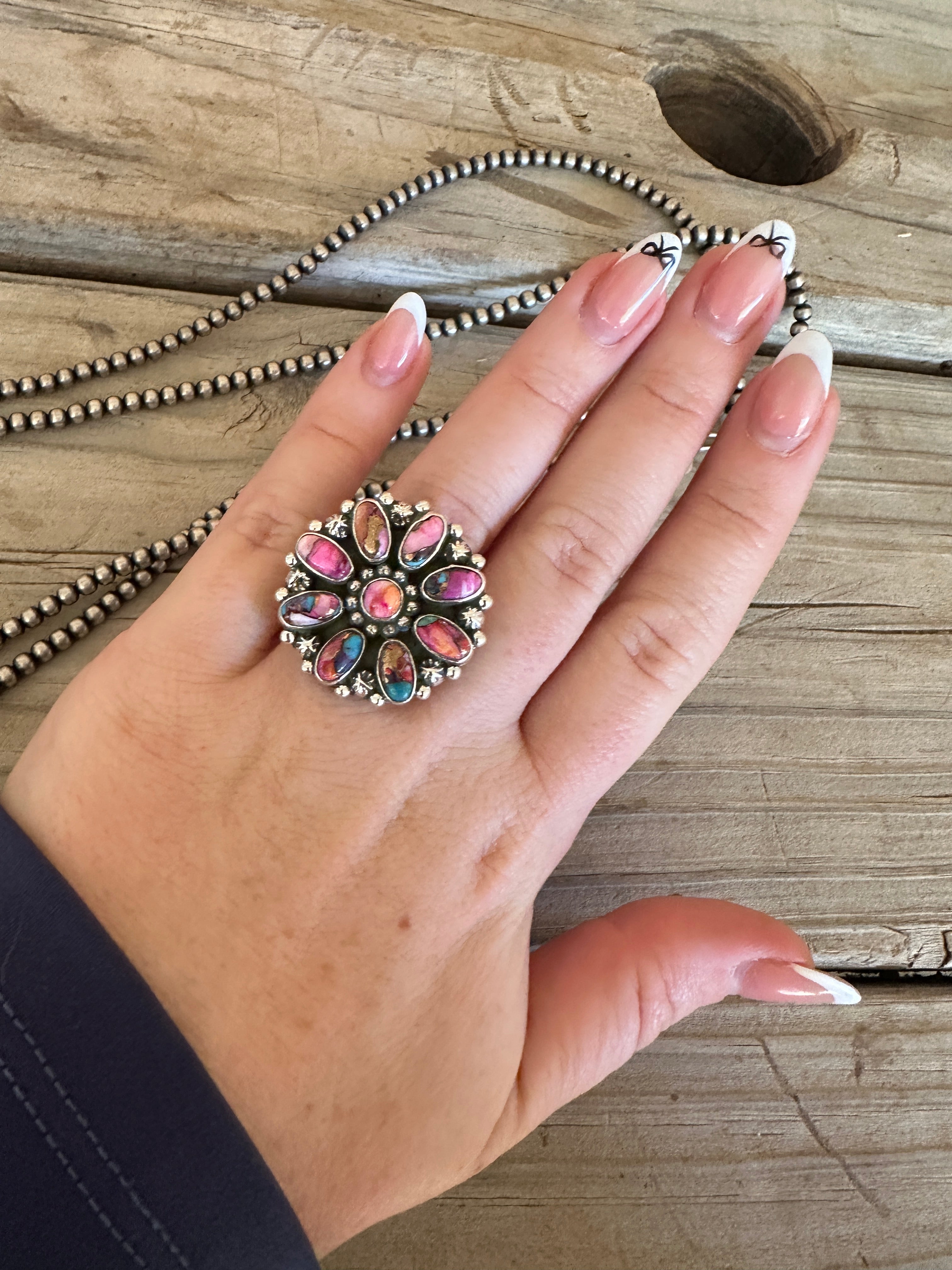 Beautiful Handmade Pink Dream Mojave And Sterling Silver Adjustable Cluster Ring STYLE 1