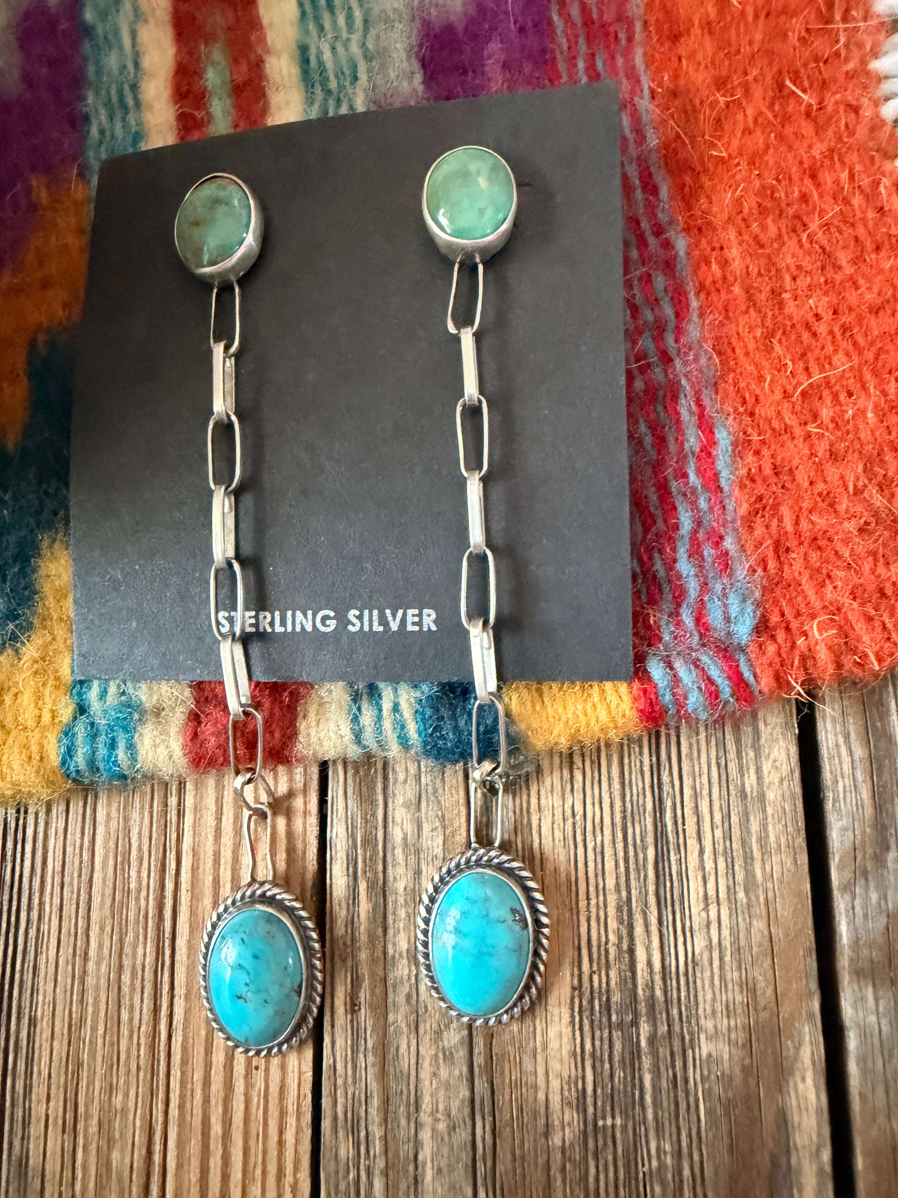 Handcrafted Turquoise & Sterling Silver Chain Dangle Earrings