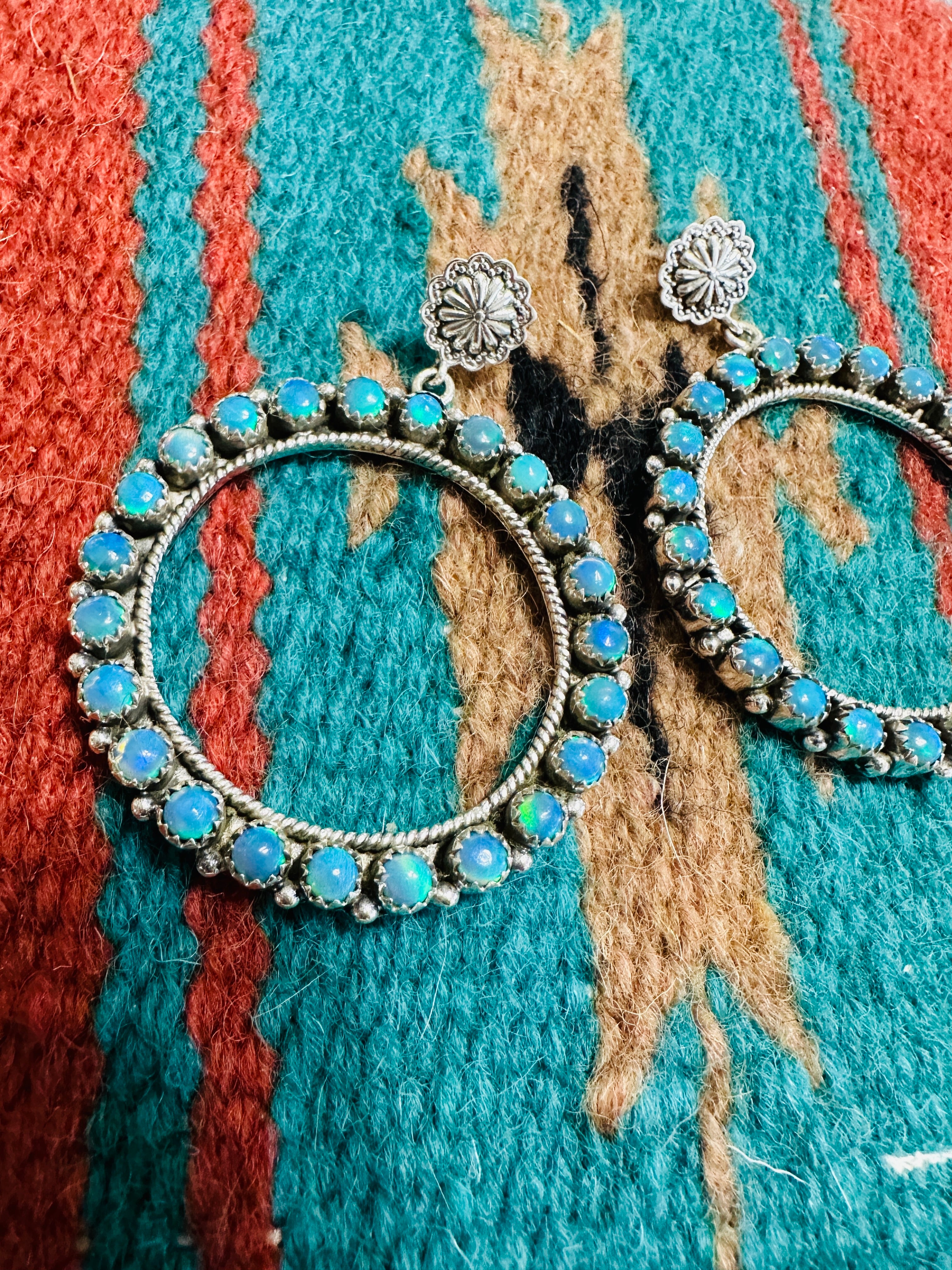 Handmade Blue Opal & Sterling Silver Dangle Hoop Earrings Signed Nizhoni