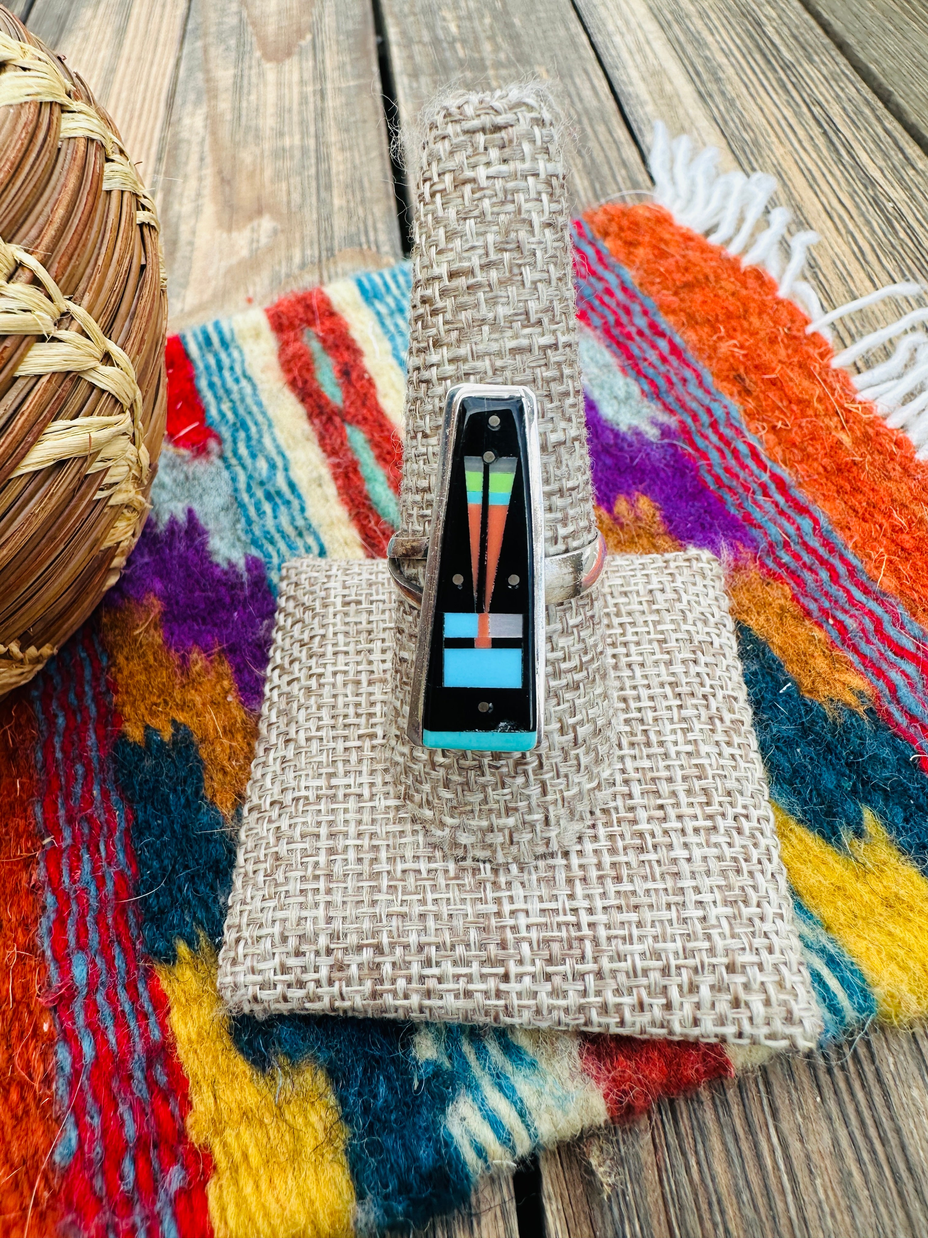 Handcrafted Multi Stone & Sterling Silver Inlay Adjustable Ring by Gilbert Smith