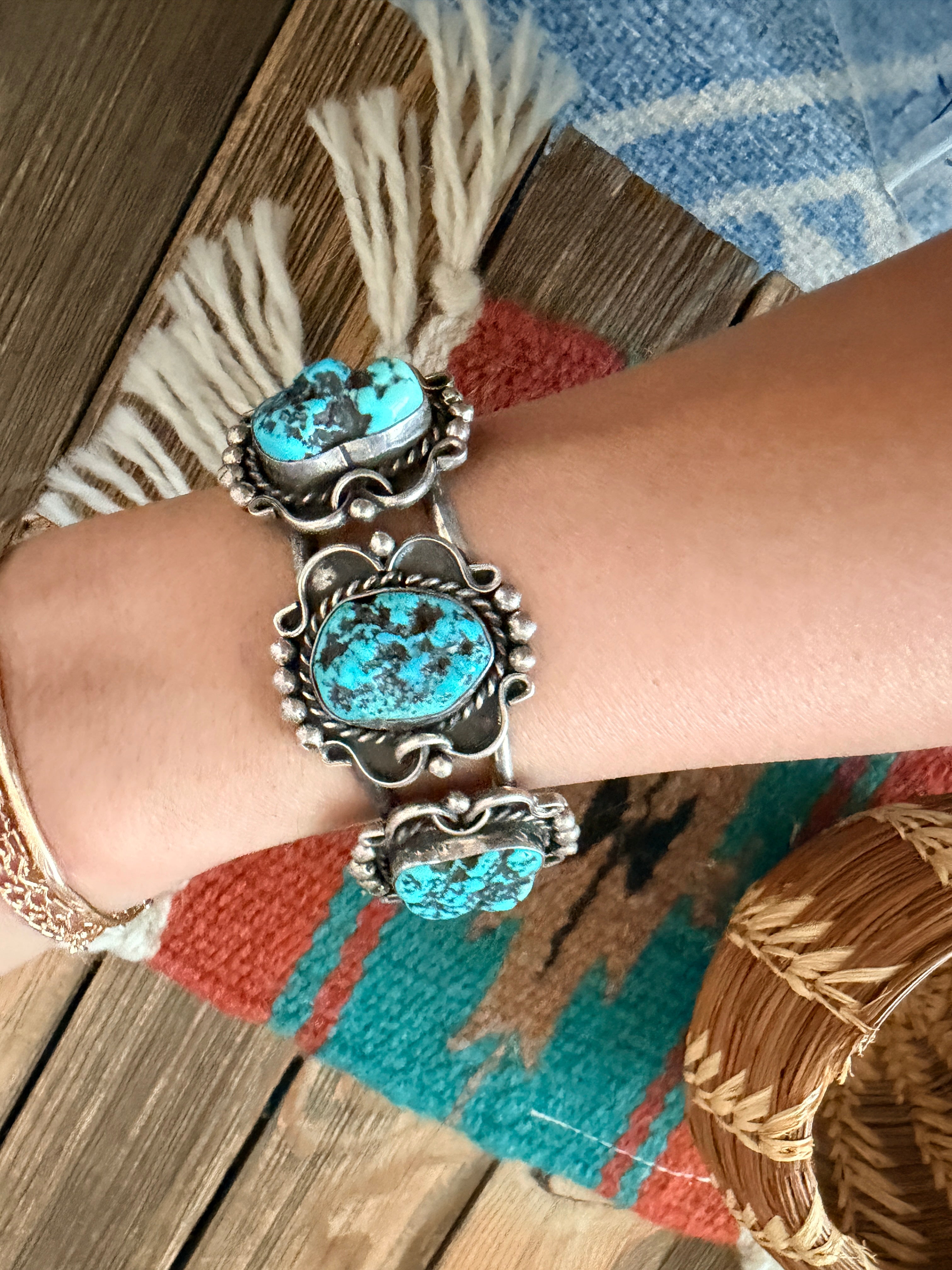 Handcrafted Old Pawn Sterling Silver & Kingman Turquoise Cuff Bracelet