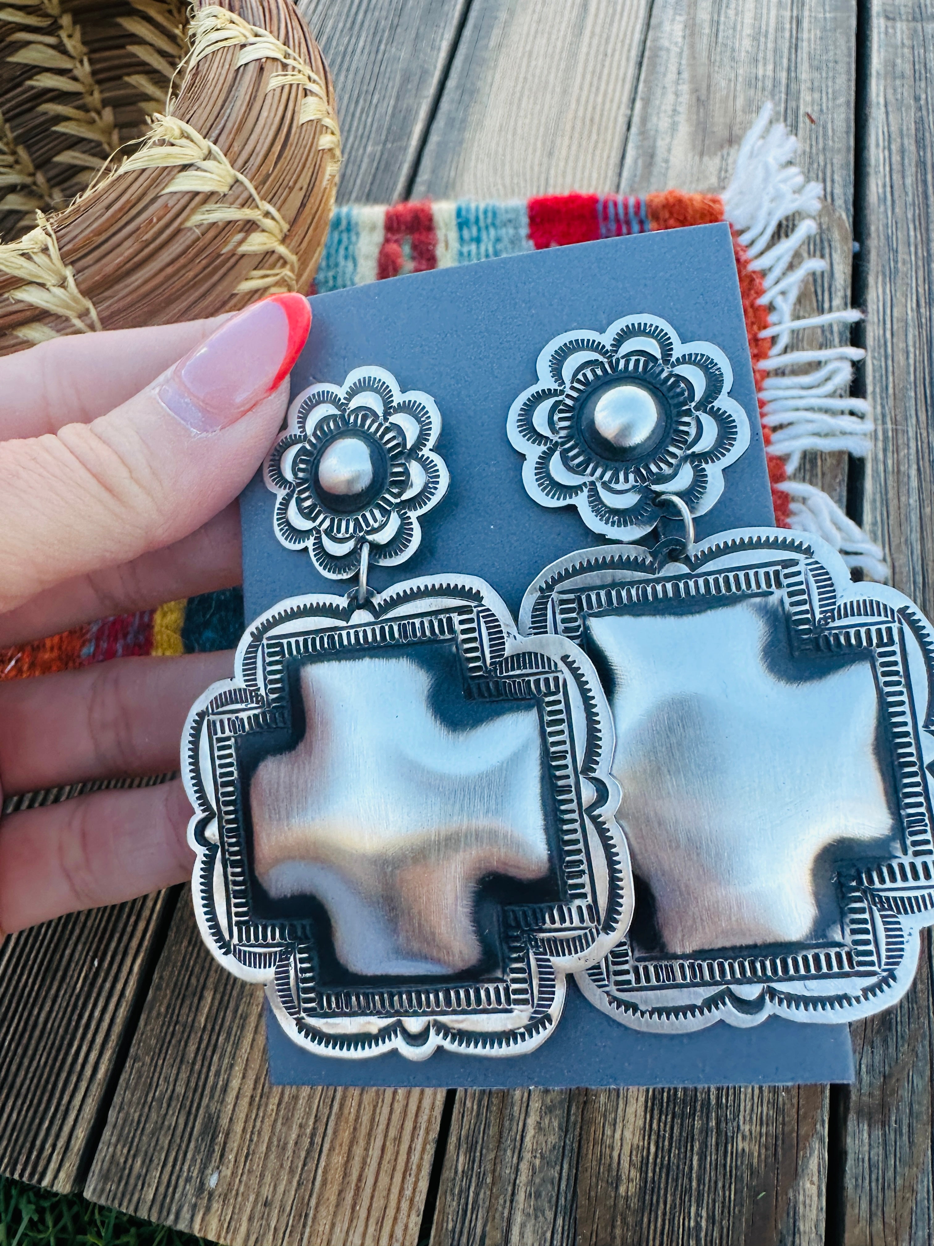 Handcrafted Sterling Silver Concho Cross Dangle Earrings by Leander Tahe