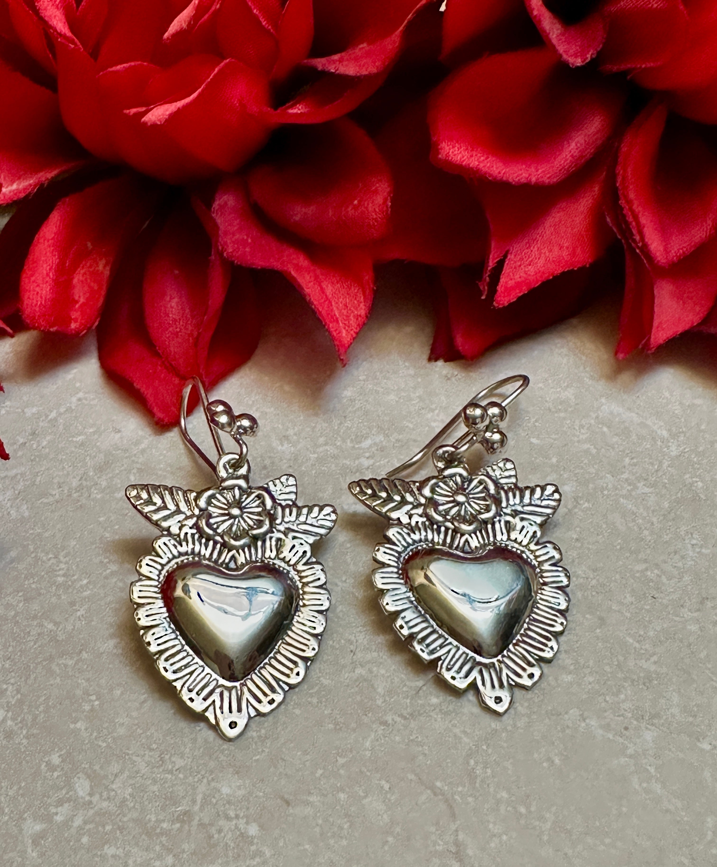 Sterling Silver Miracle Heart & Flower Hook Earrings