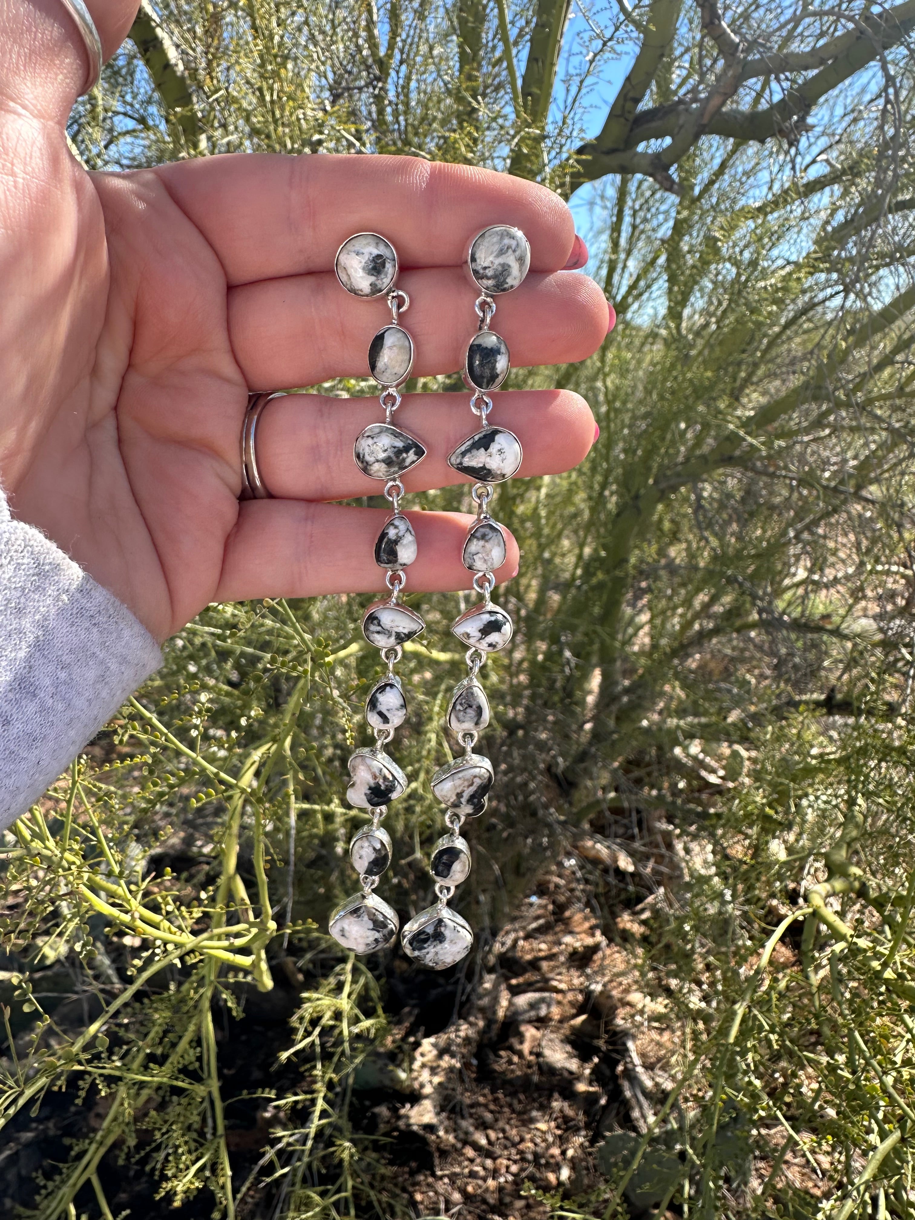 Handmade Honky Tonk White Buffalo and Sterling Silver Dangle Earrings