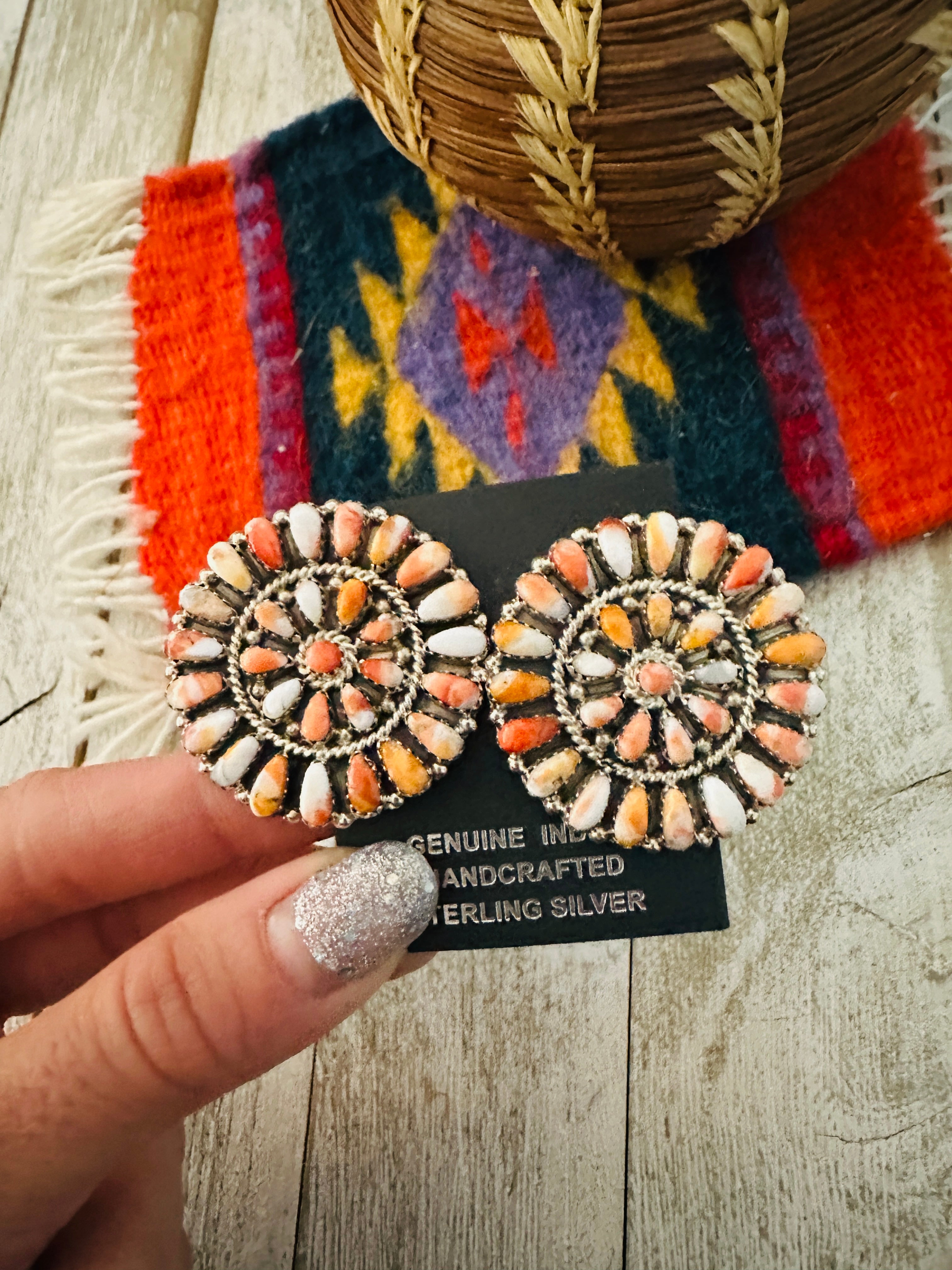 Navajo Sterling Silver & Orange Spiny Cluster Earrings