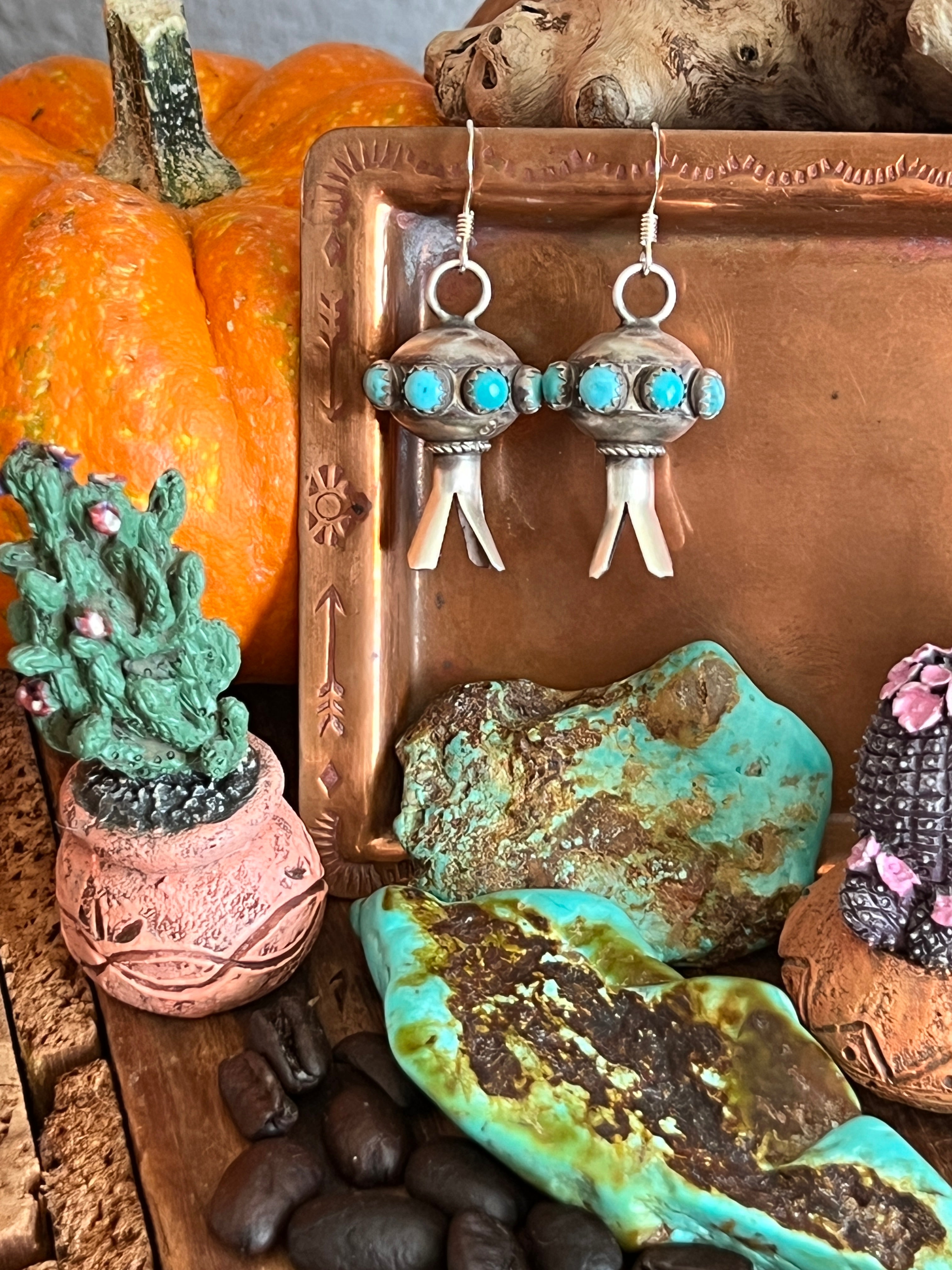 Handcrafted Sterling Silver Blossom Dangle Earrings with Turquoise by Monica Smith