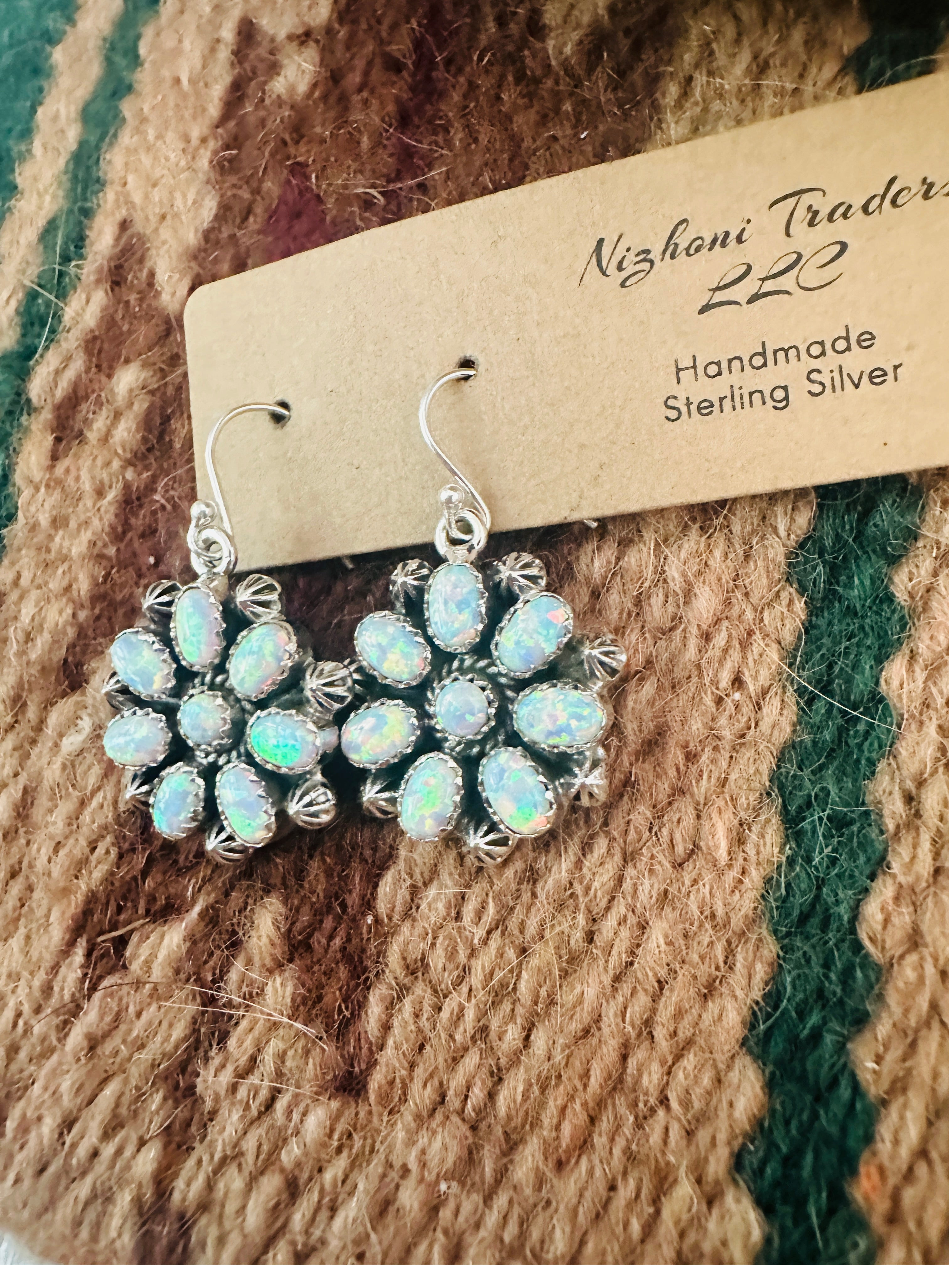 Handmade White Opal & Sterling Silver Cluster Dangle Earrings